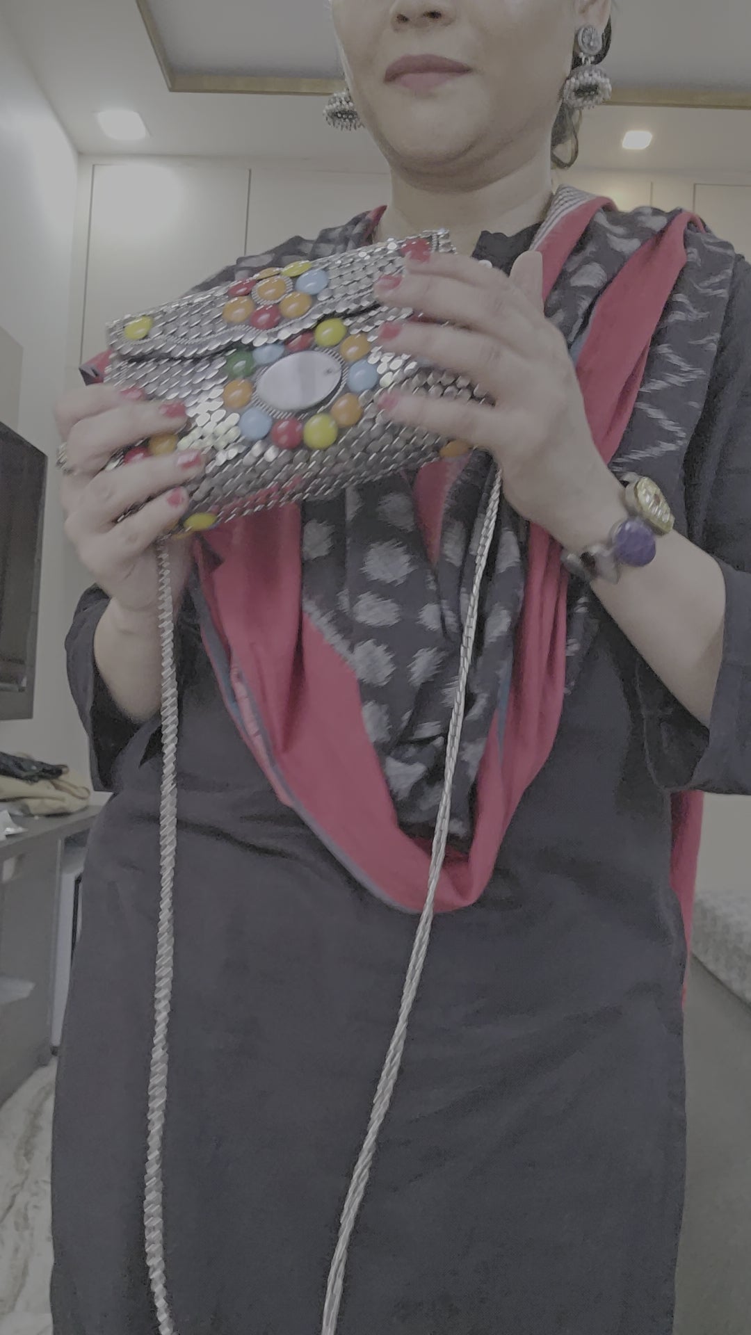 Artisanal Multi-Color Geometric Stone & Studded Clutch with Chain Strap – [Large]