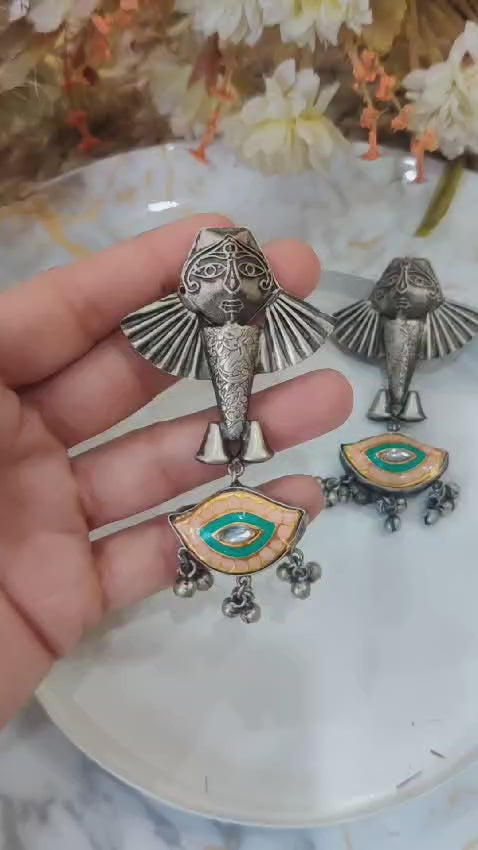 Oxidized Silver Tribal Face Earrings with Enamel