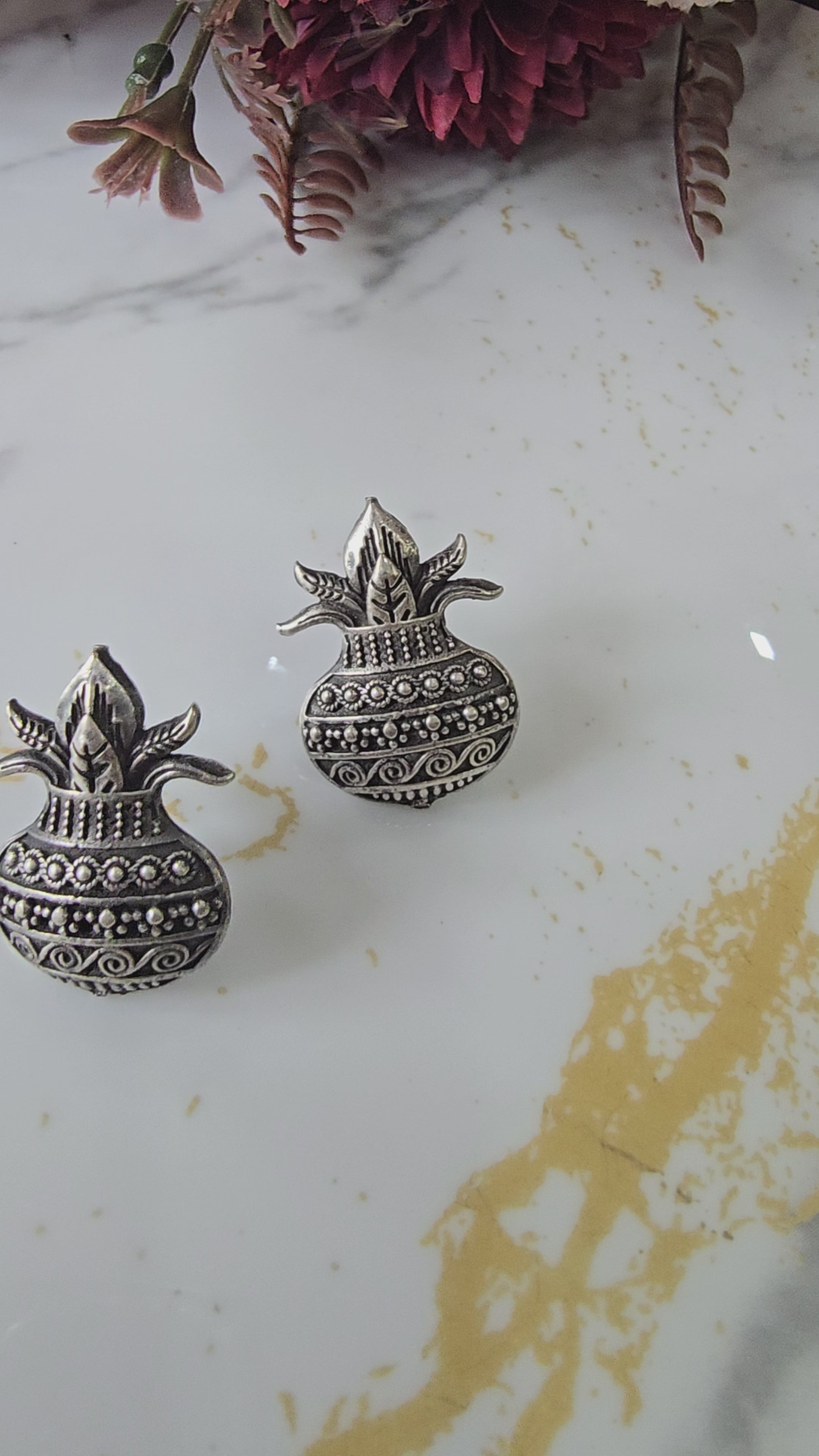 Textured Oxidized Silver Kalash Motif Studs