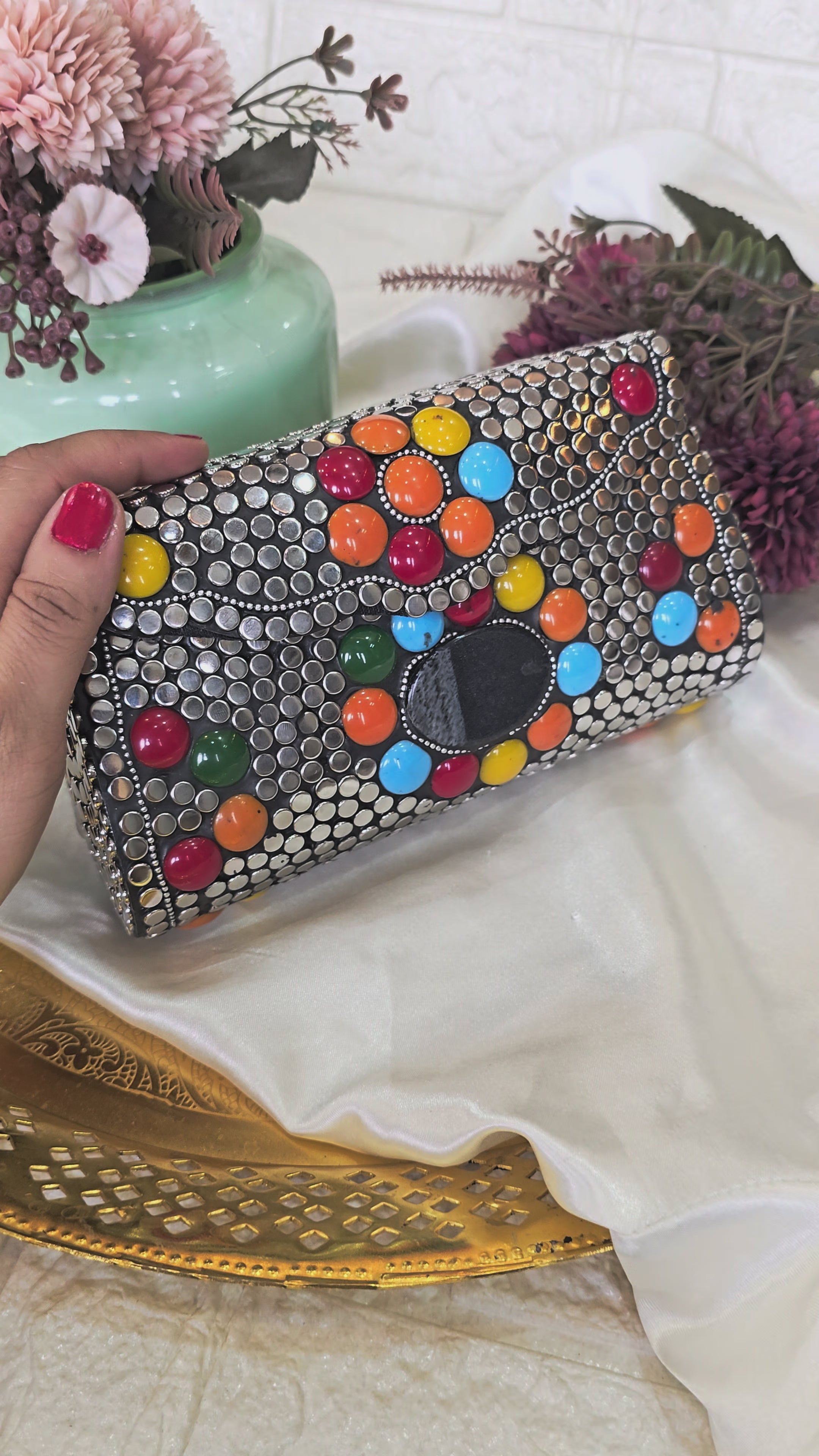 Artisanal Multi-Color Geometric Stone & Studded Clutch with Chain Strap – [Large]