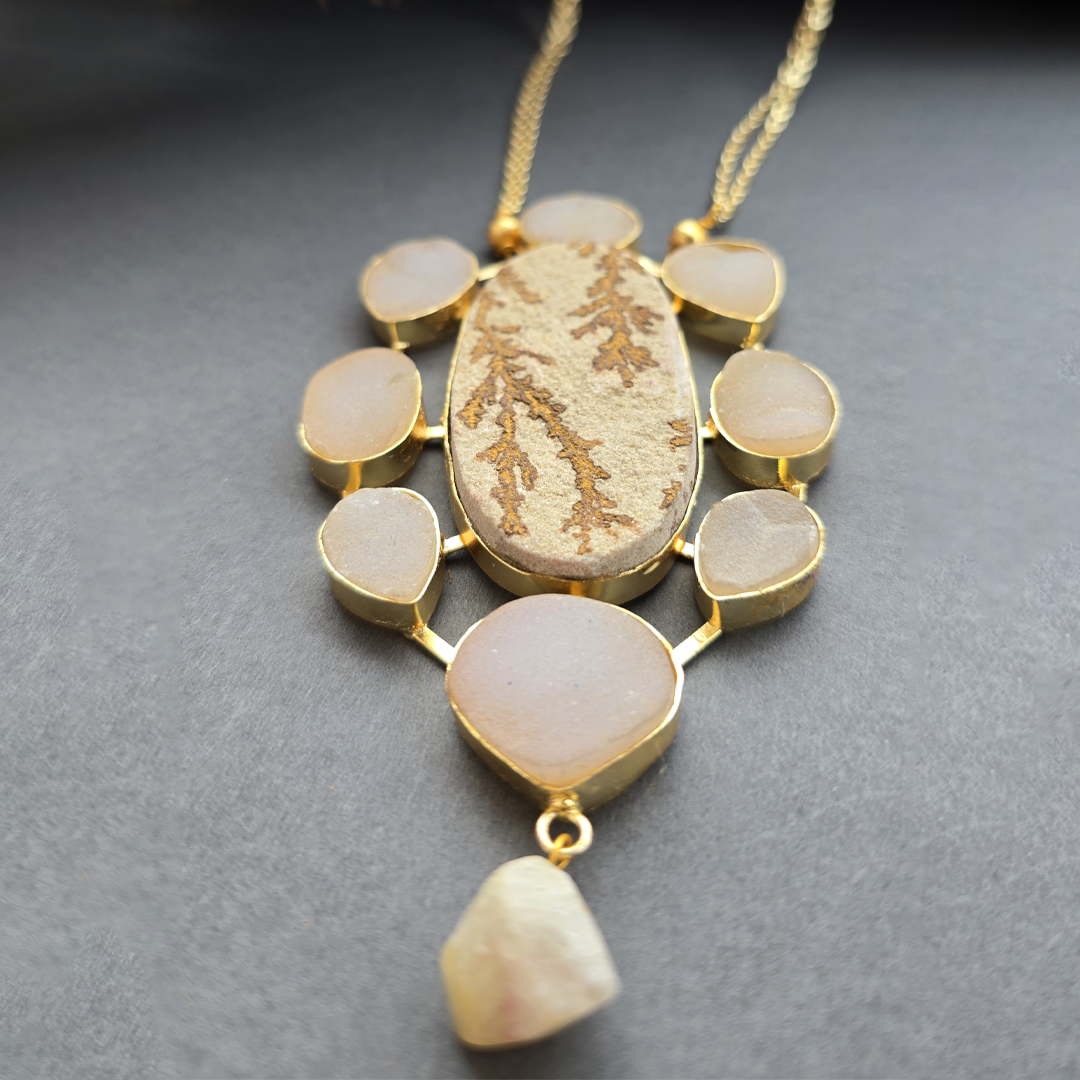 Golden Dendritic Agate Statement Necklace with Raw Quartz Accents