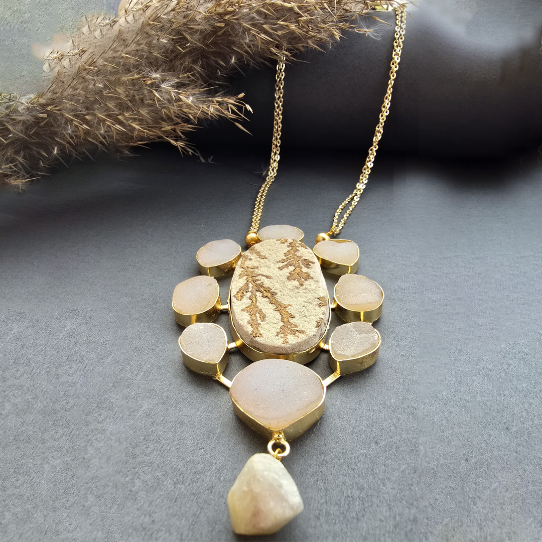 Golden Dendritic Agate Statement Necklace with Raw Quartz Accents