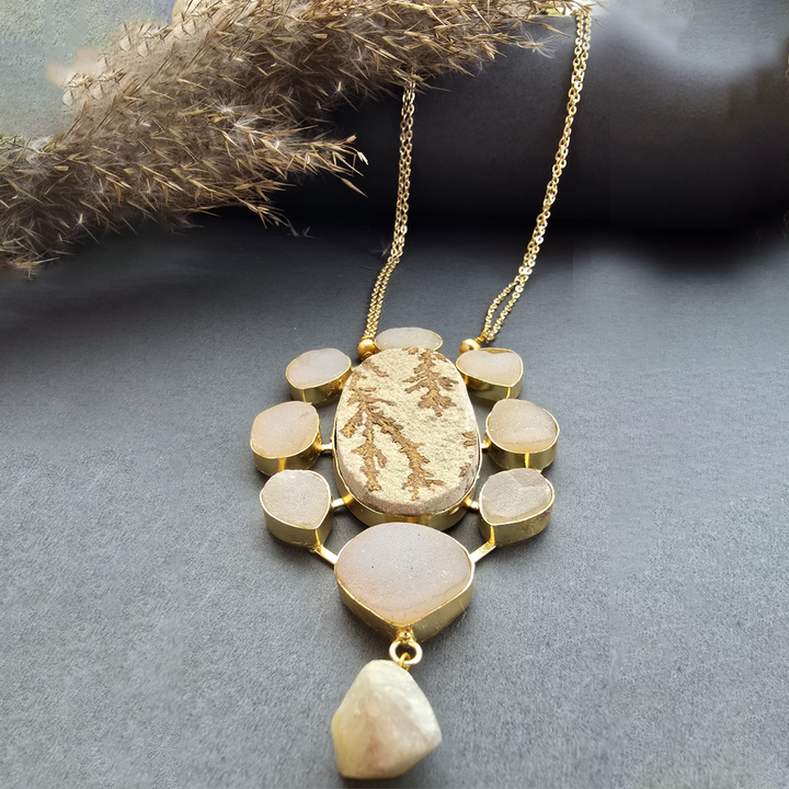 Golden Dendritic Agate Statement Necklace with Raw Quartz Accents