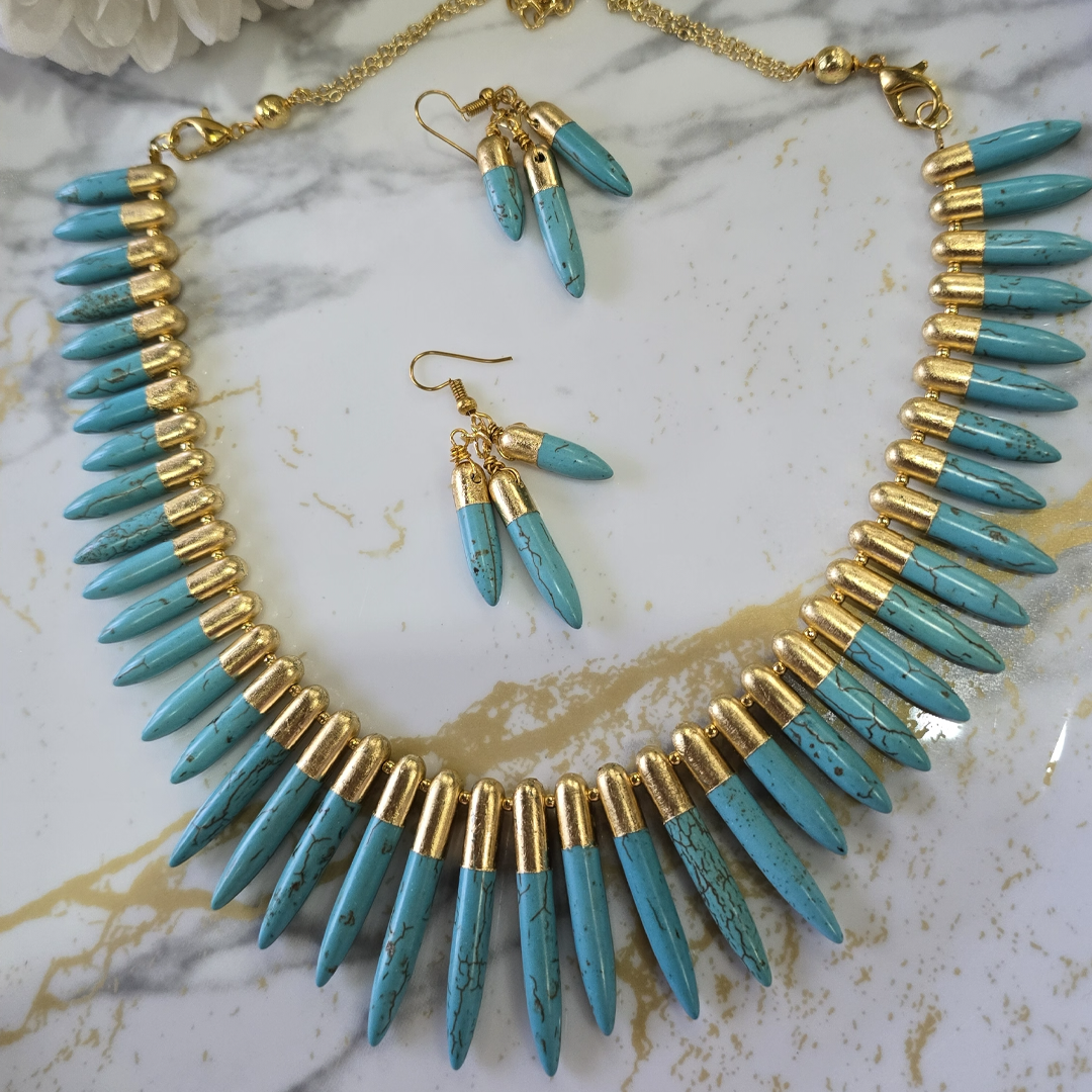 Gold-Capped Turquoise Spike Statement Necklace and Drop Earring Set