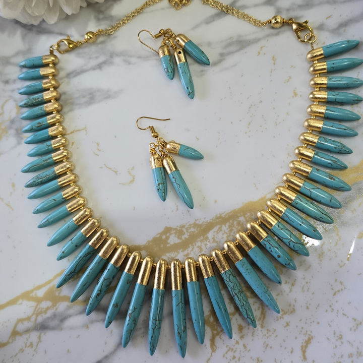 Gold-Capped Turquoise Spike Statement Necklace and Drop Earring Set