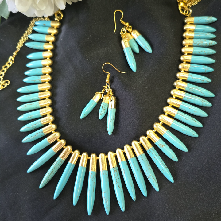 Gold-Capped Turquoise Spike Statement Necklace and Drop Earring Set