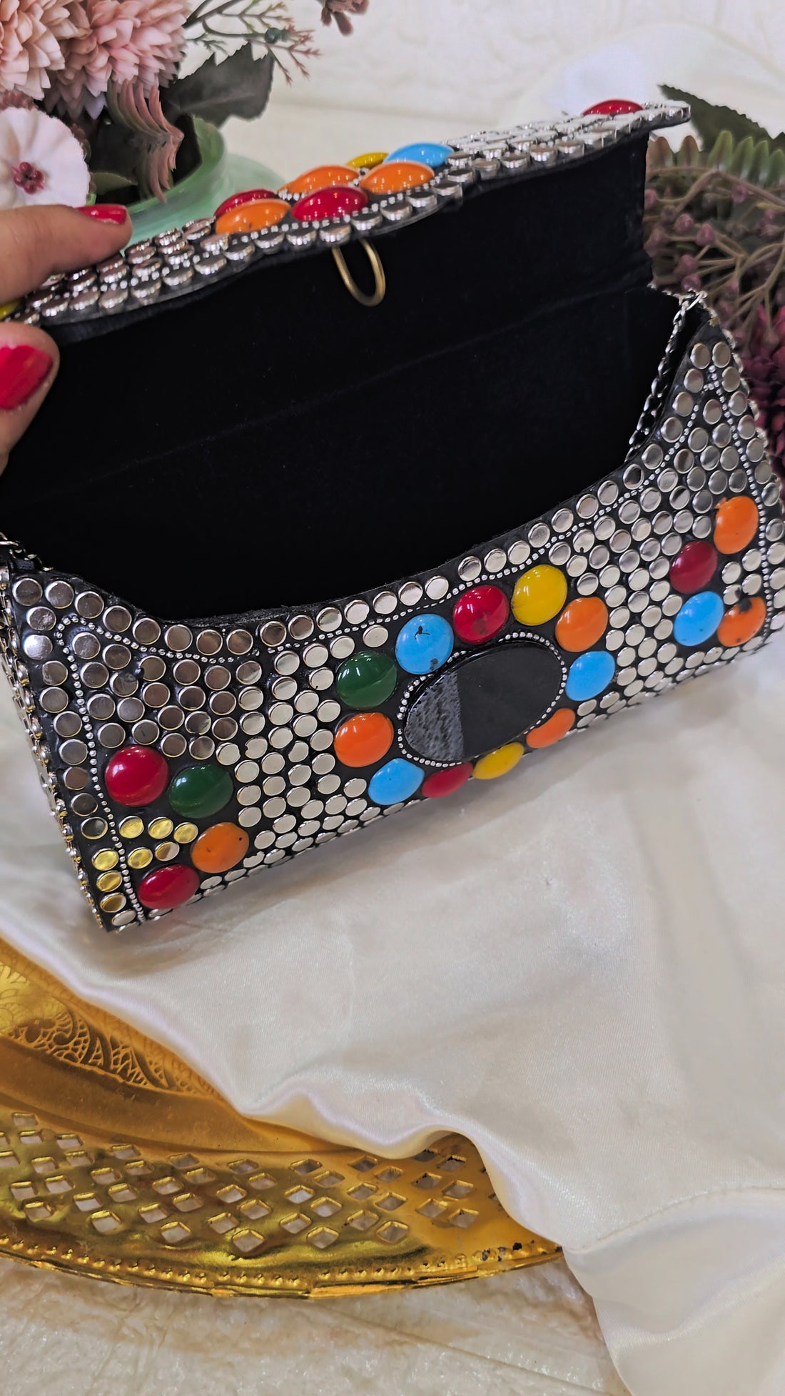 Artisanal Multi-Color Geometric Stone & Studded Clutch with Chain Strap – [Large]