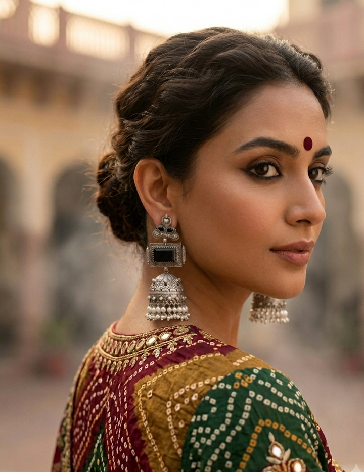 Oxidised Silver Black Onyx Stone Drop Jhumkas with Pearl Drops
