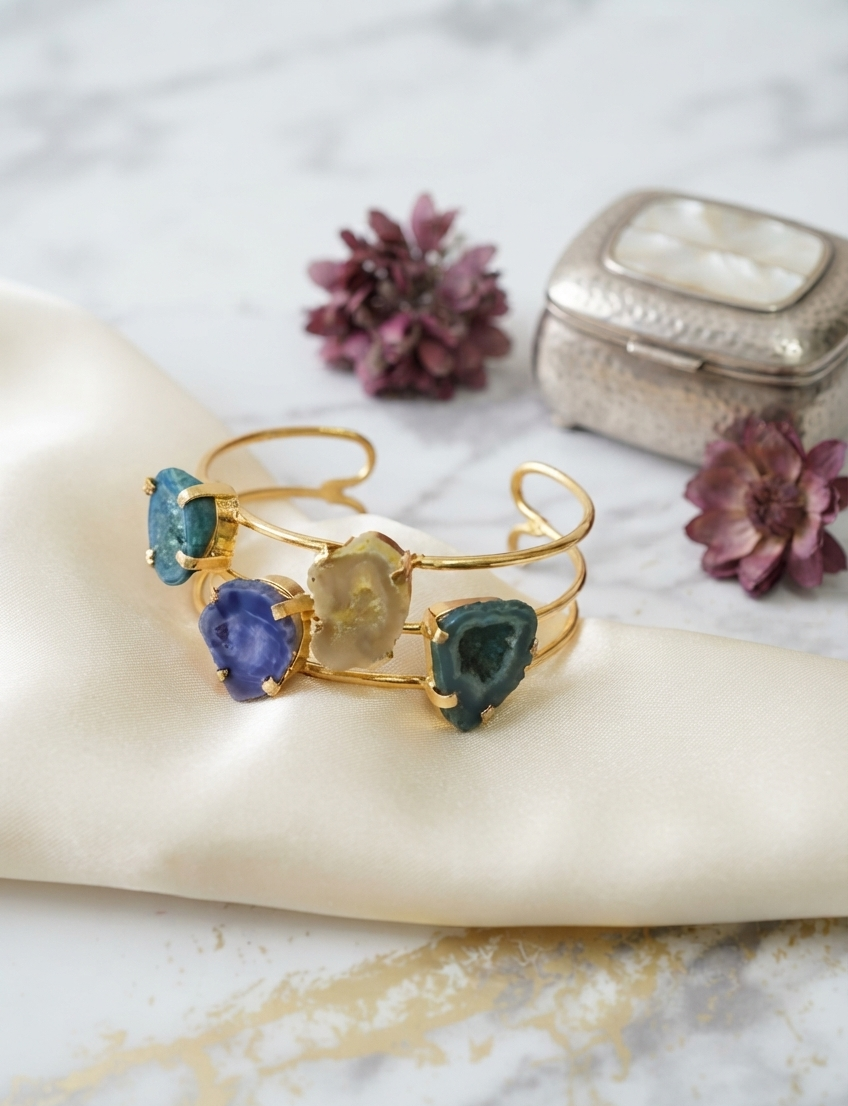 Irregular Agate Gold Cuff - Vibrant Druzy Statement Piece (random color)