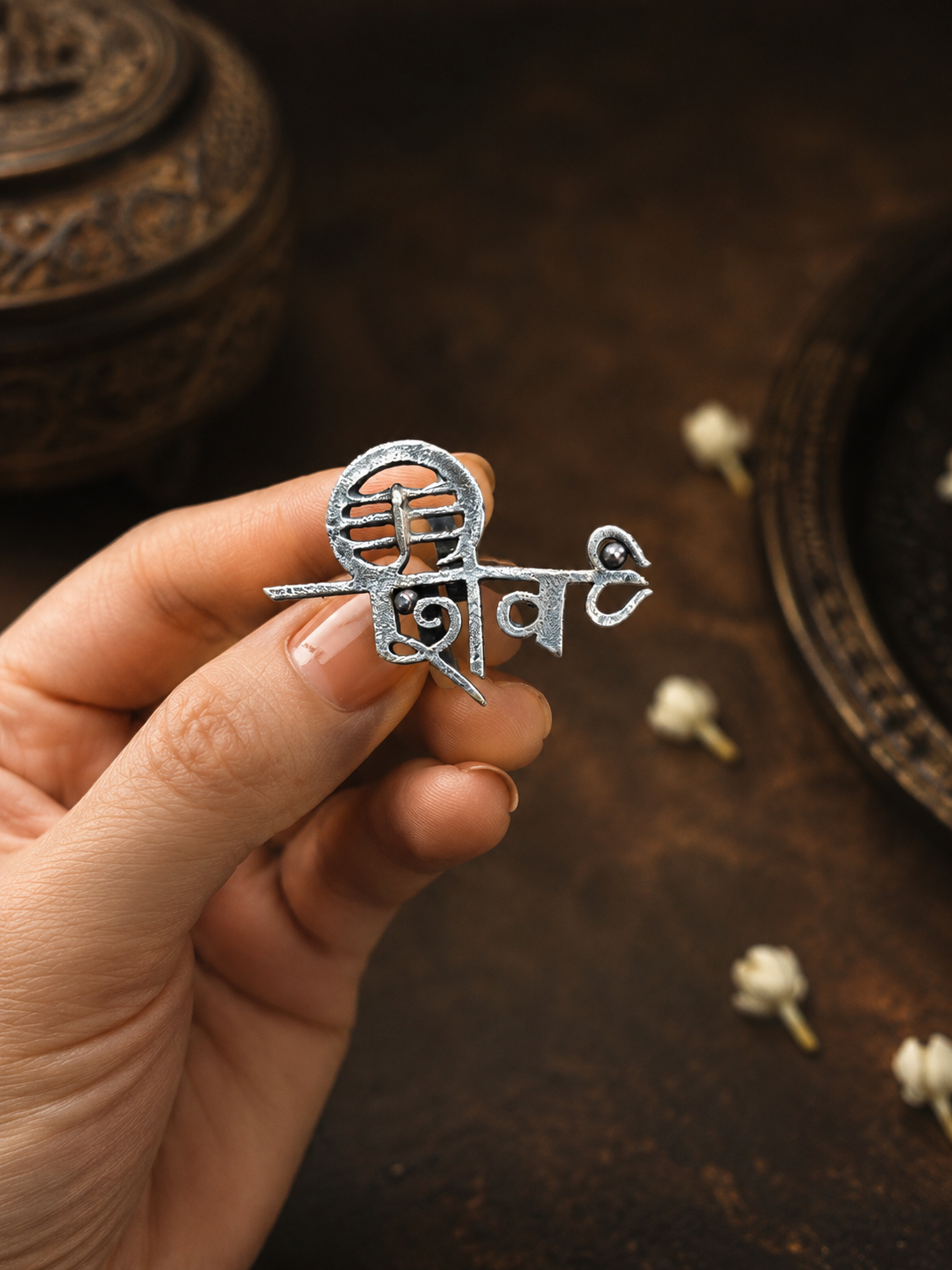 Shiv Naam Oxidised Silver Ring