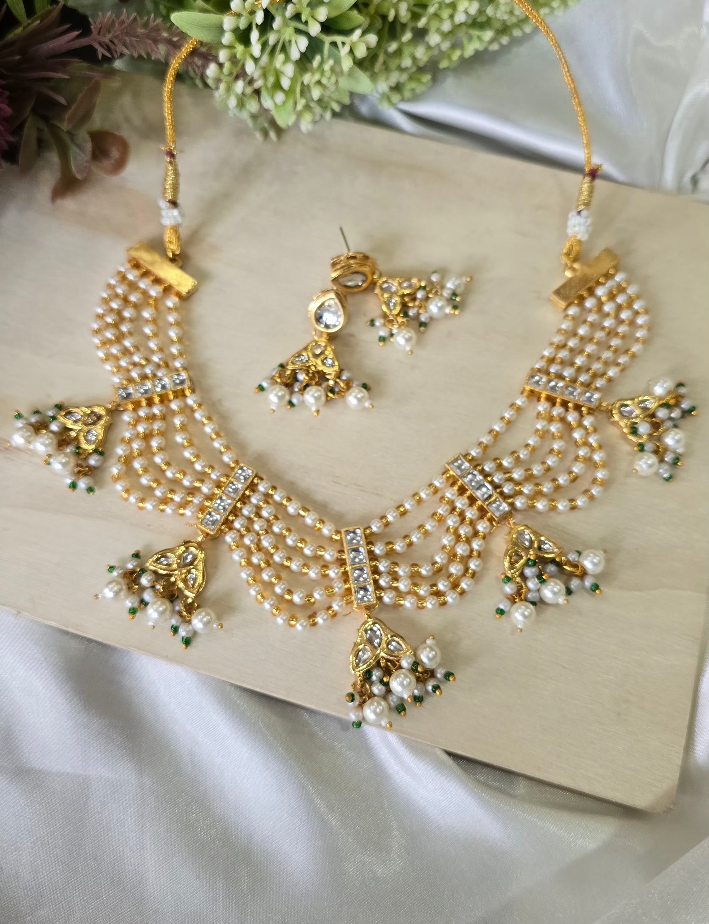 Royal Kundan & Multi-Layer Pearl Choker Necklace Set with Jhumka Earrings