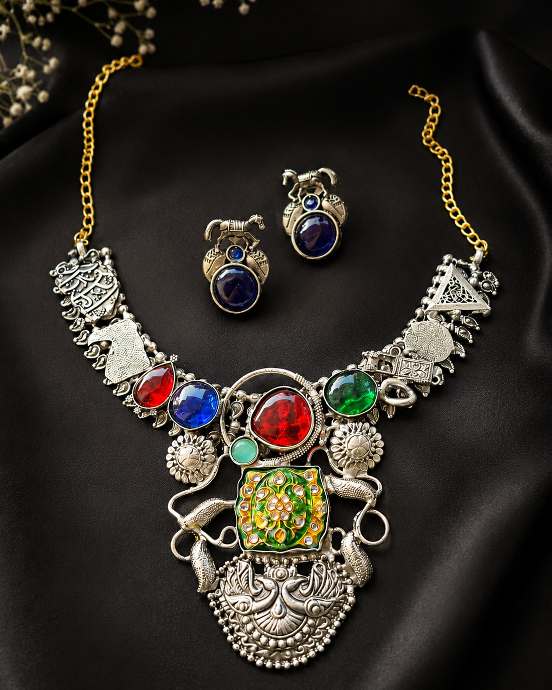 Mayura Meenakari Oxidized Jewelry Set