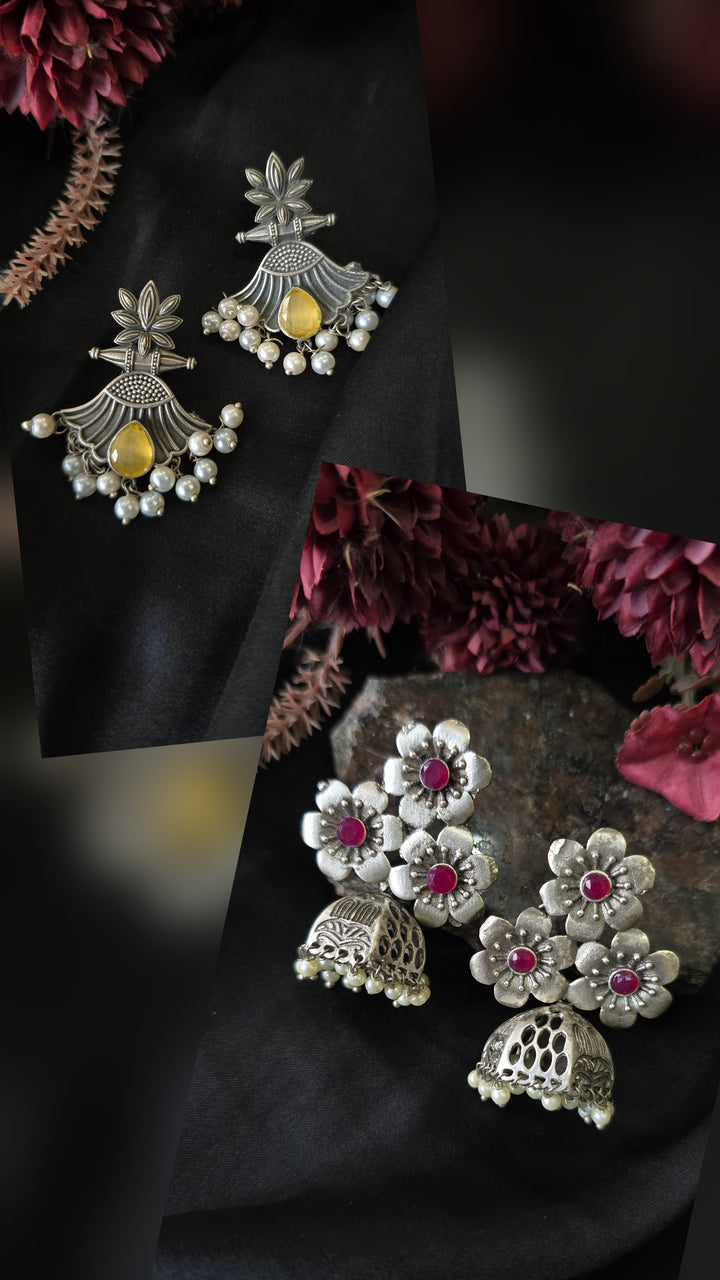 The Festive Dual Set: Oxidized Pearl Jhumkas & Yellow Chandelier Earrings
