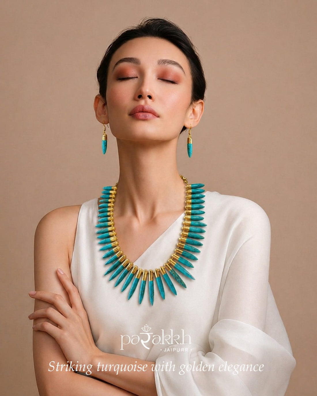 Gold-Capped Turquoise Spike Statement Necklace and Drop Earring Set