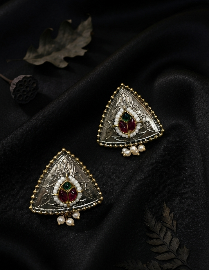 Vintage Triangular Pearl & Stone Drop Earrings