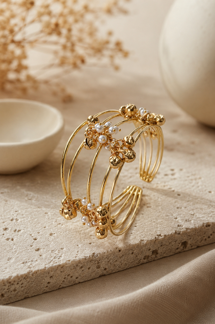 Golden Multi-Strand Pearl and Bead Cuff Bracelet