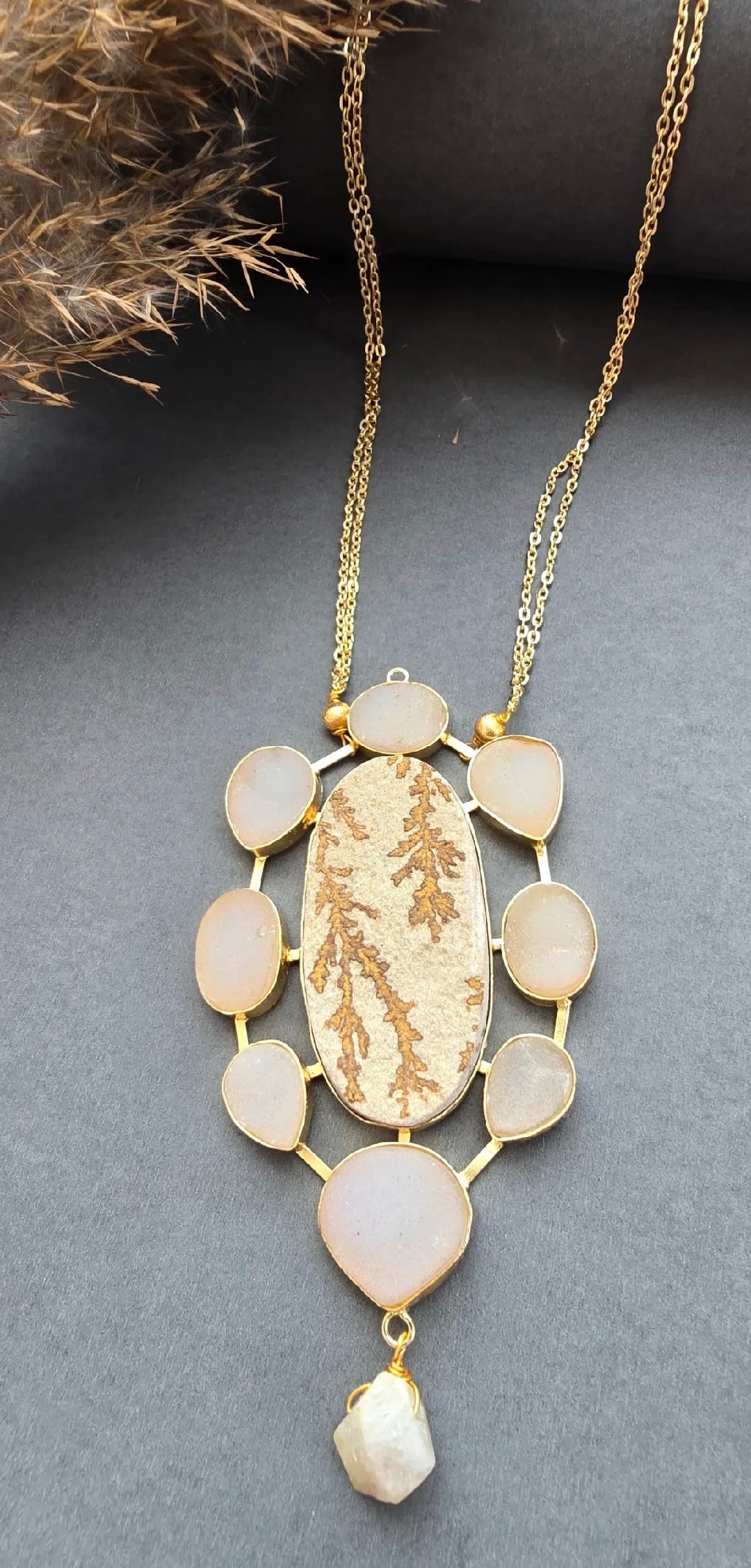 Boho Gold-Plated Dendritic Jasper Oval Pendant Necklace