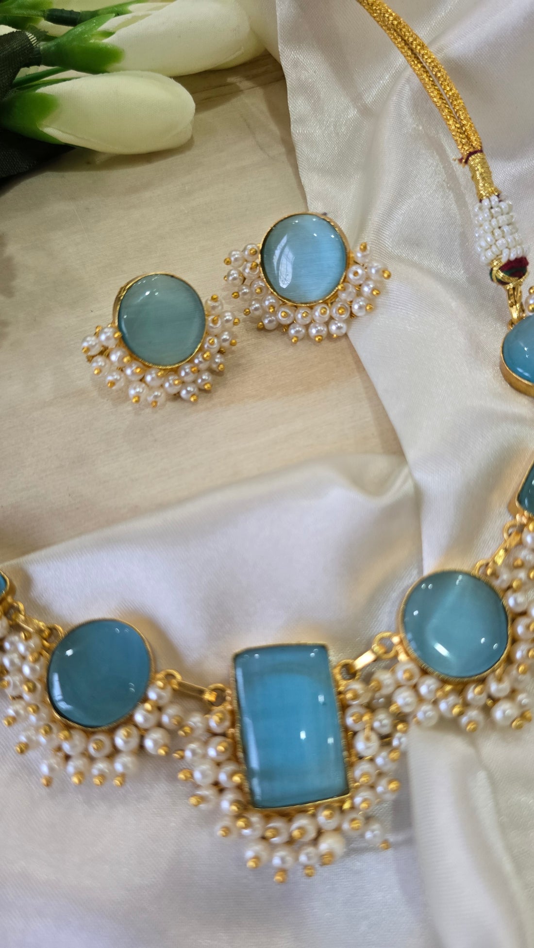 Pastel Blue Stone Necklace Set with Studs