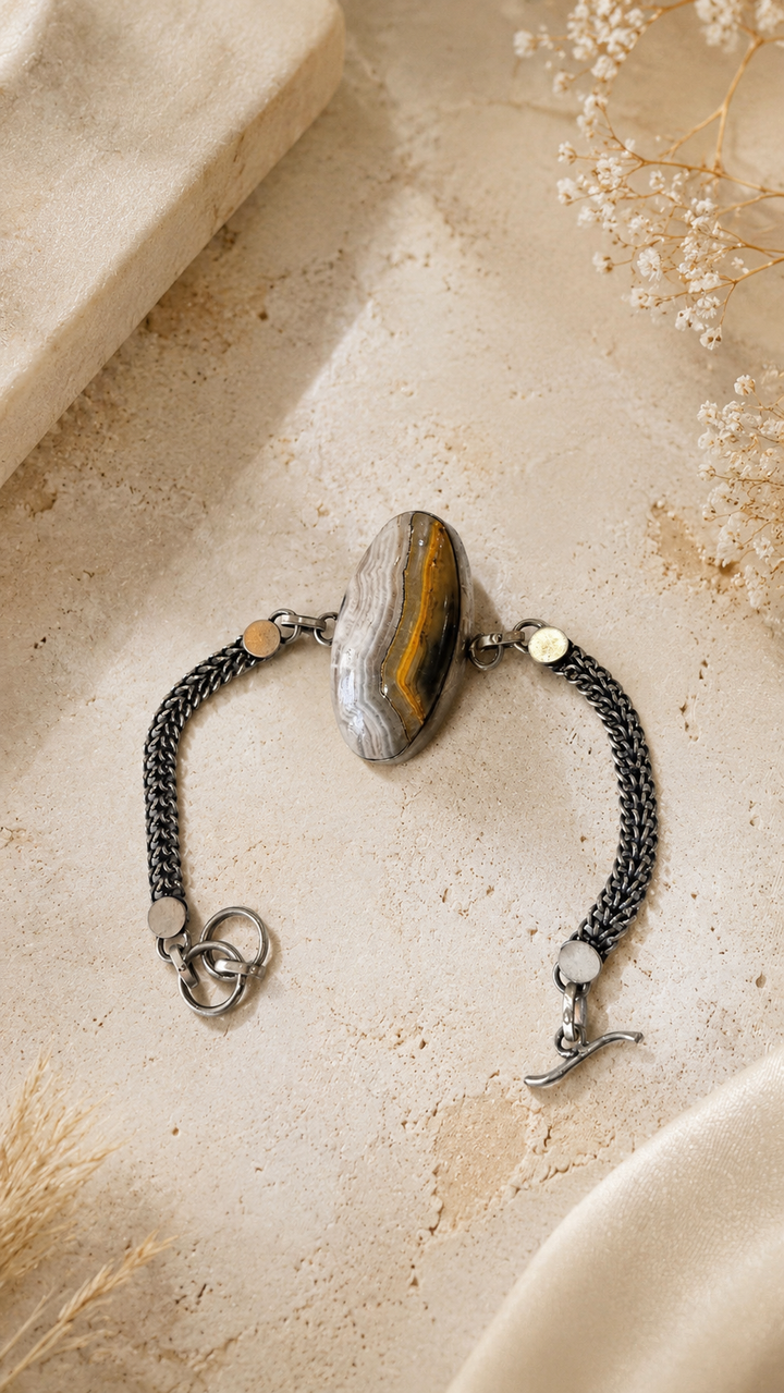 Oval Banded Agate Statement Bracelet with Toggle Clasp