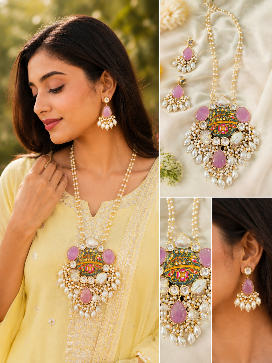 Handcrafted Meenakari Floral Pendant Necklace Set with Cat’s Eye Stones & Pearl Droplets