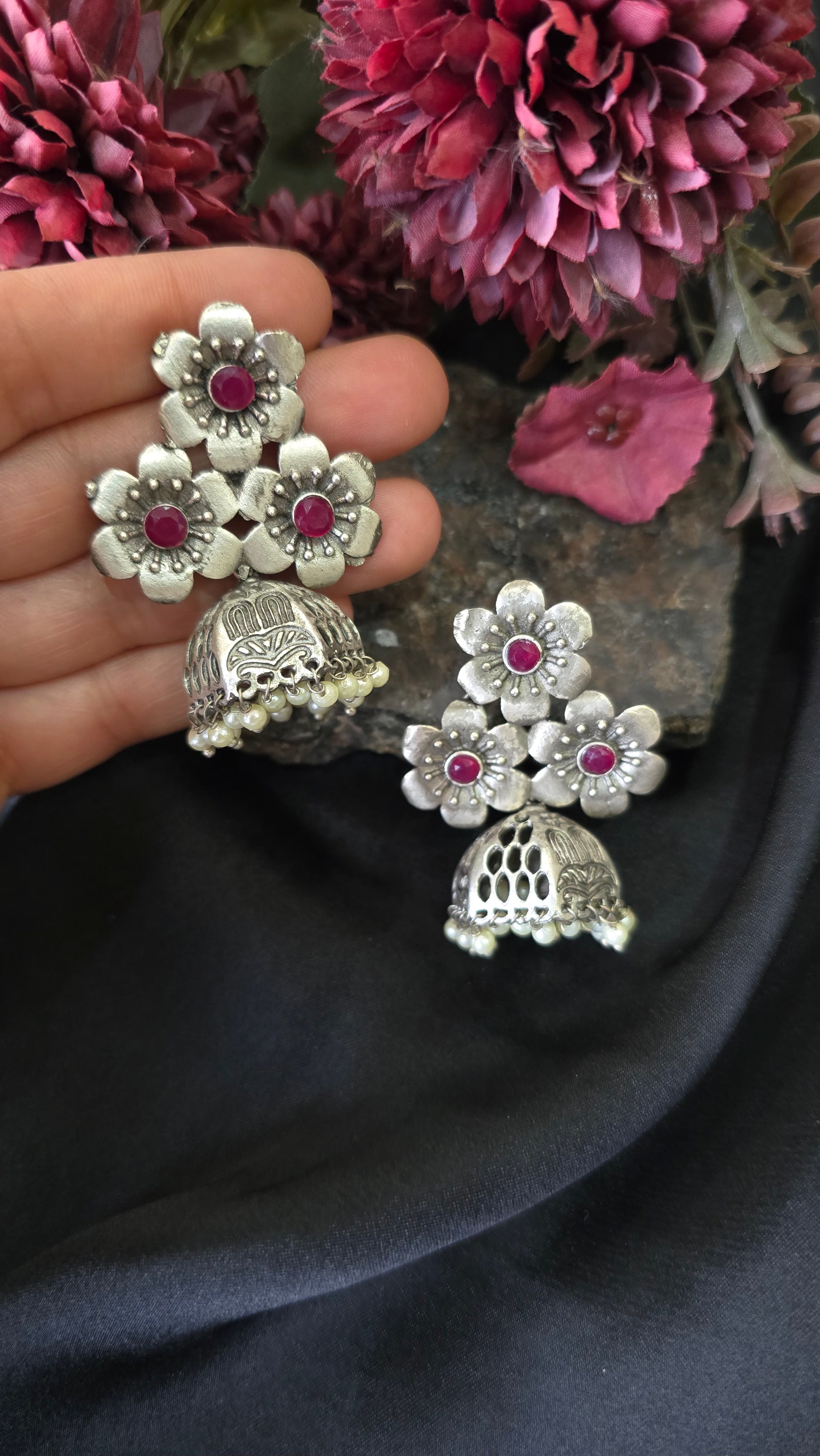 The Festive Dual Set: Oxidized Pearl Jhumkas & Yellow Chandelier Earrings