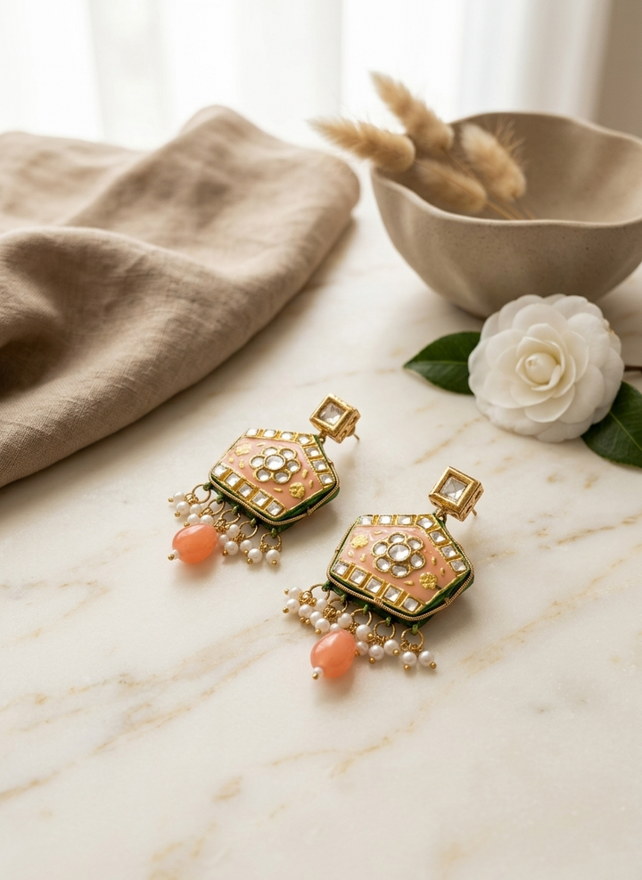 Traditional Pastel Pink Meenakari Statement Dangles