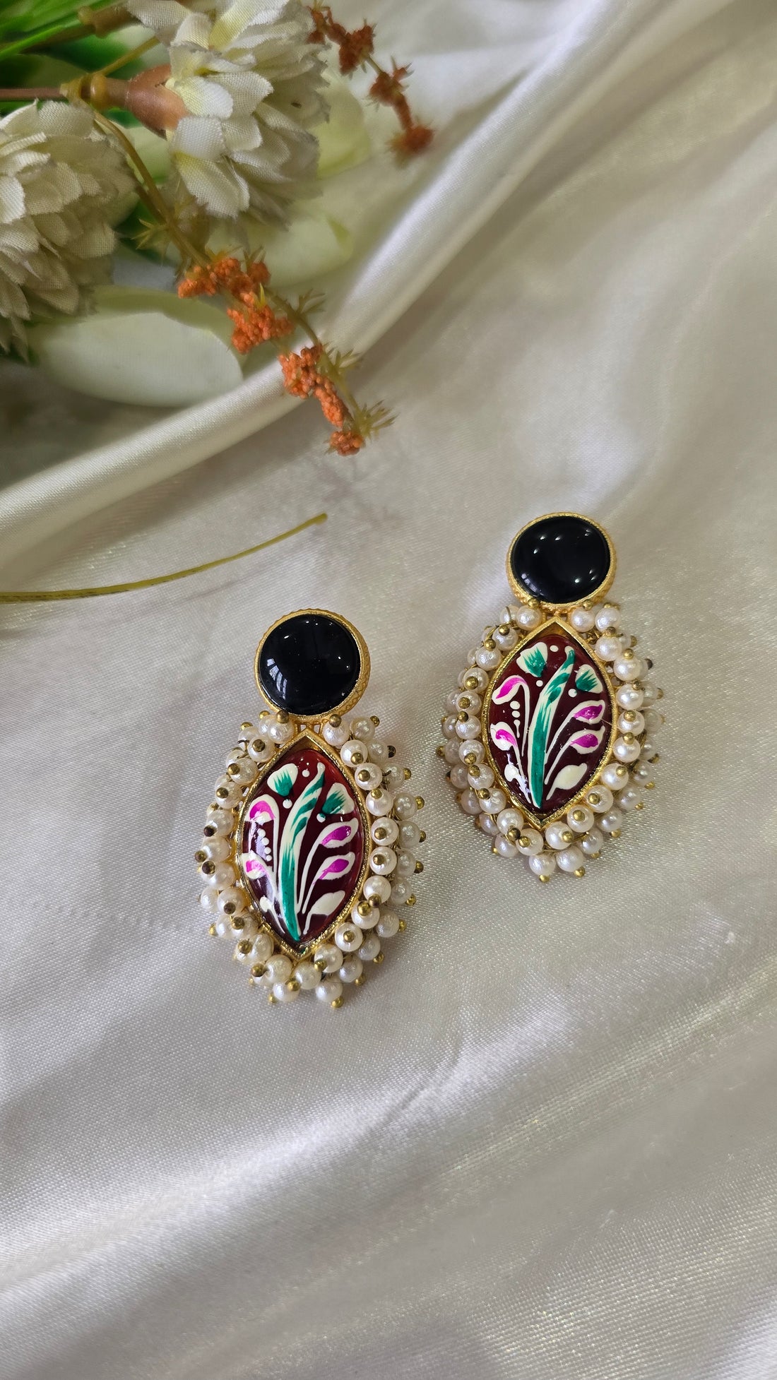 Vintage-Style Hand-Painted Enamel Studs with Pearl Clusters and Ruby-Red Stones