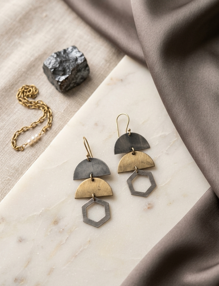 Dual-Tone Geometric Tiered Drop Earrings