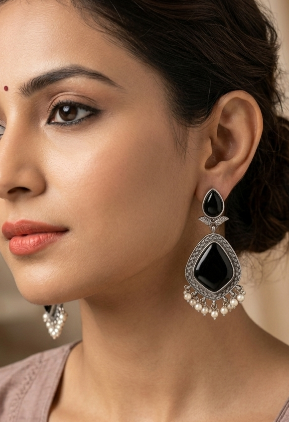 Oxidised Silver Black Onyx Drop Earrings with Pearl Beads