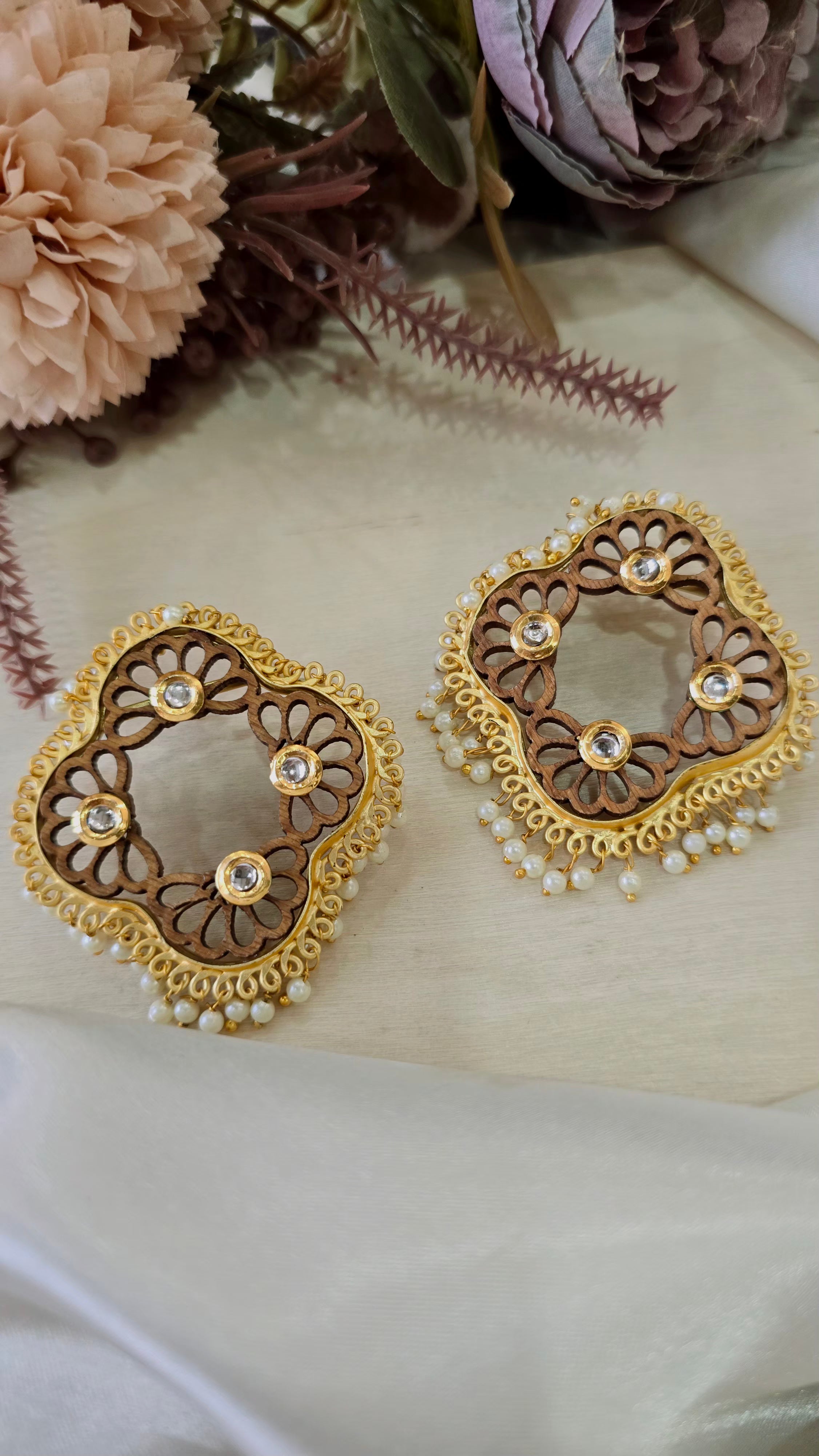 Handcrafted Wooden Statement Earrings – Gold Filigree and Pearl Drop Studs