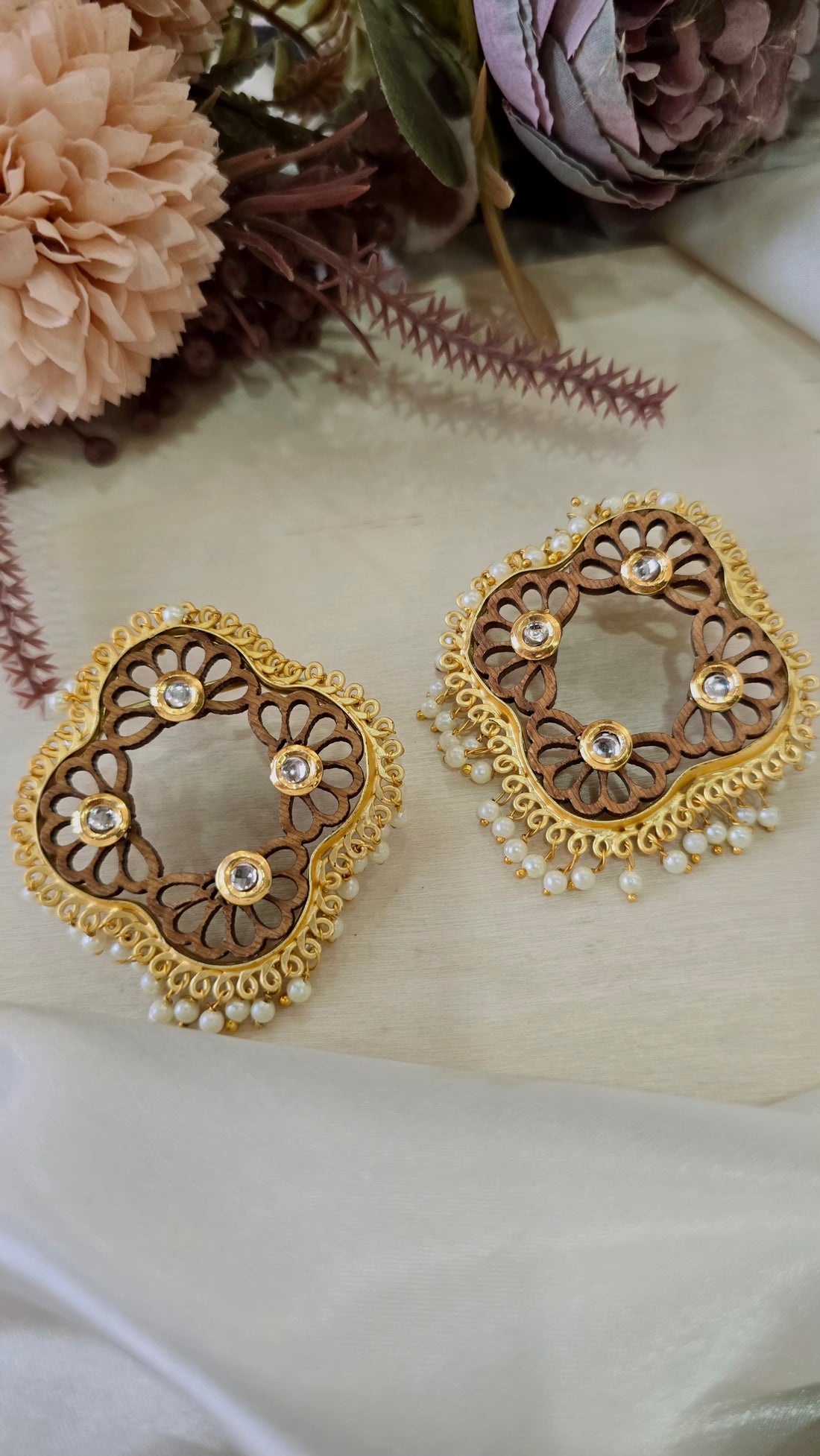 Handcrafted Wooden Statement Earrings – Gold Filigree and Pearl Drop Studs