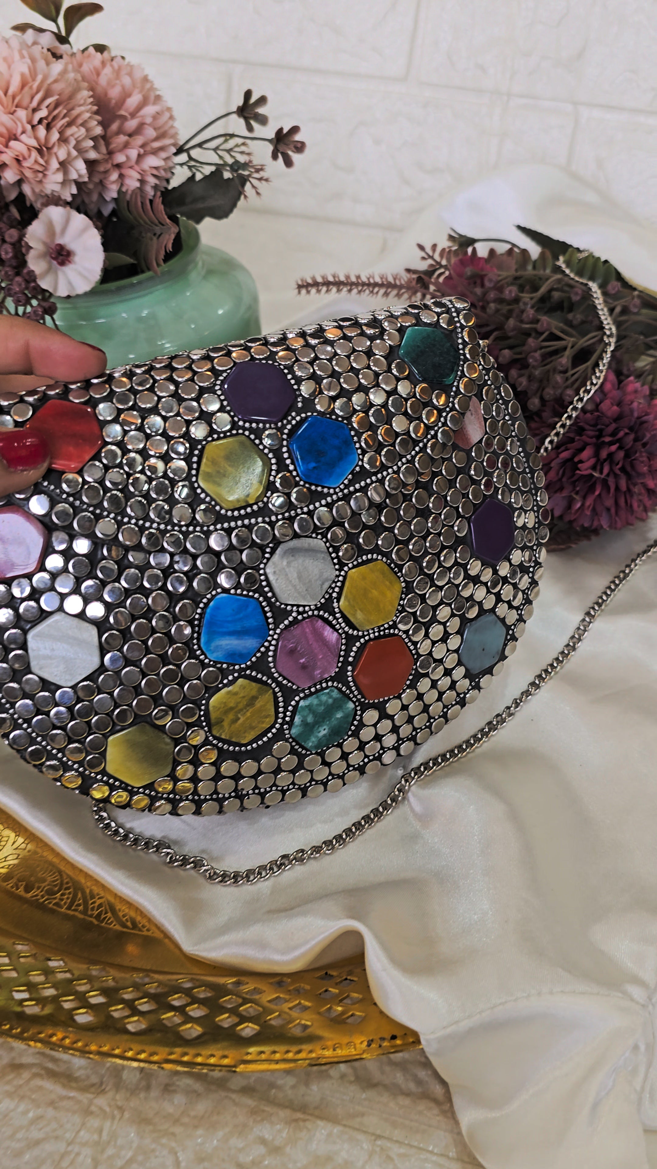 Artisanal Multi-Color Geometric Stone & Studded Clutch with Chain Strap – [Medium]
