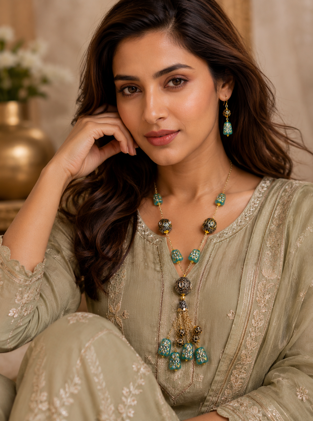 Long Bohemian Aqua Blue Bead Dori Necklace with Earrings