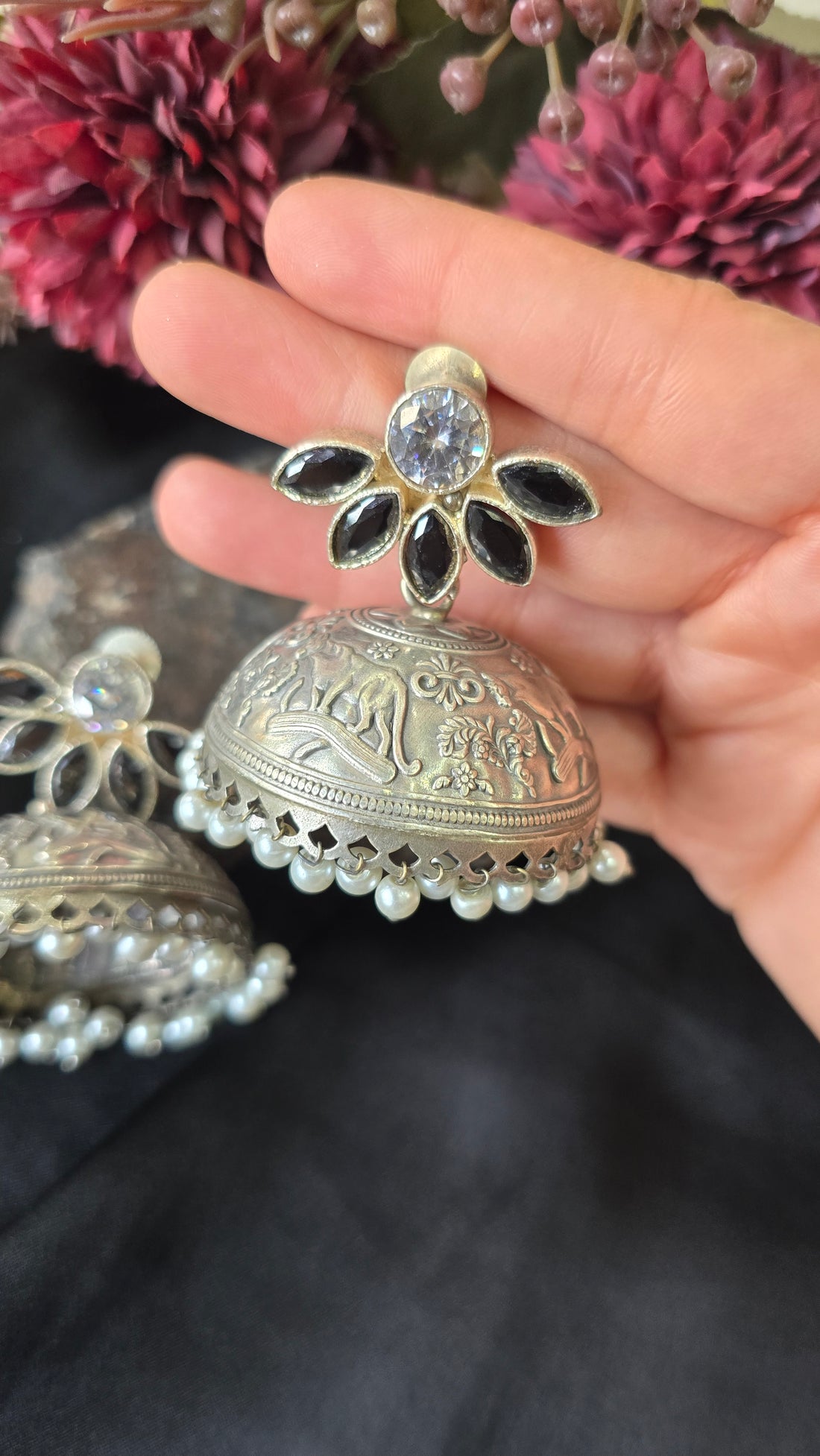 The Royal Blossom Oxidized Silver Jhumkas