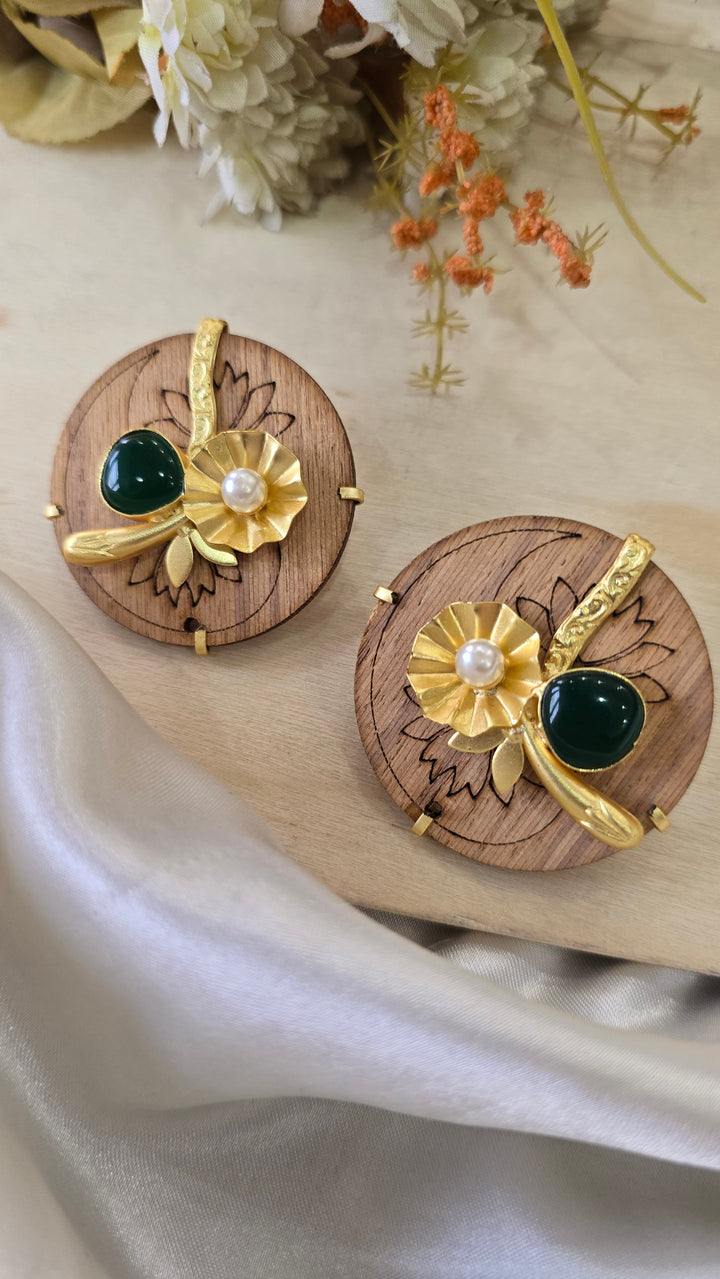 Handcrafted Wooden Stud Earrings with Gold Floral Accent, Pearl, and Emerald Green Cabochon
