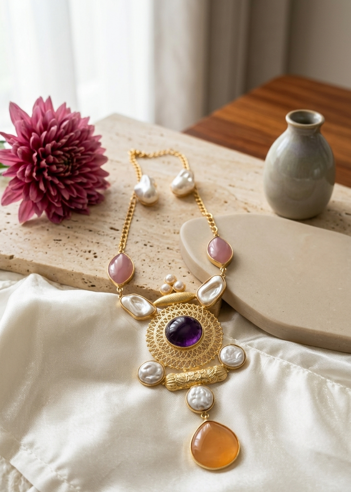 Royal Filigree Amethyst & Amber Statement Necklace with ear studs