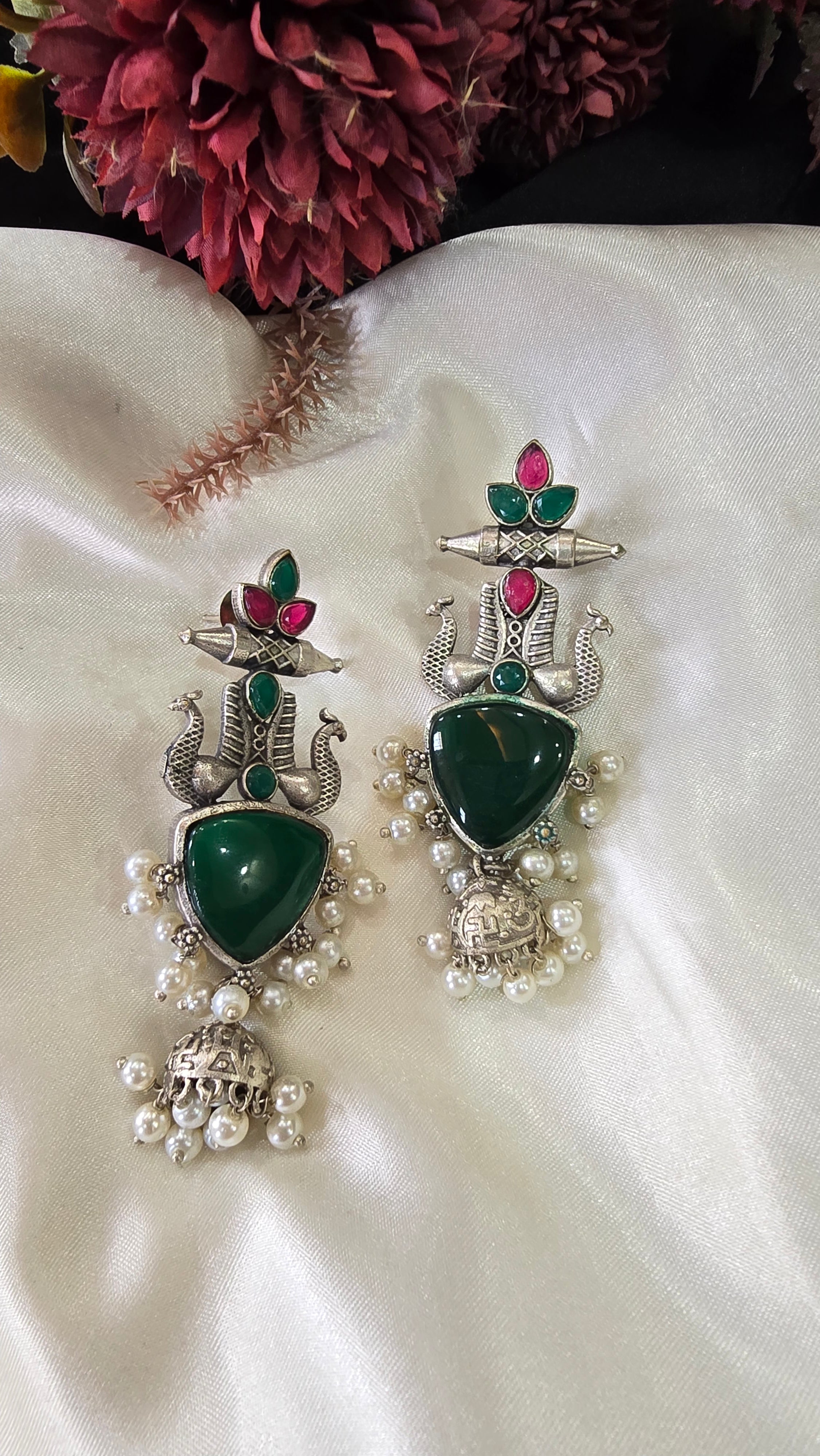 Oxidized Silver Trishul Danglers with Emerald Green Stones and Pearls