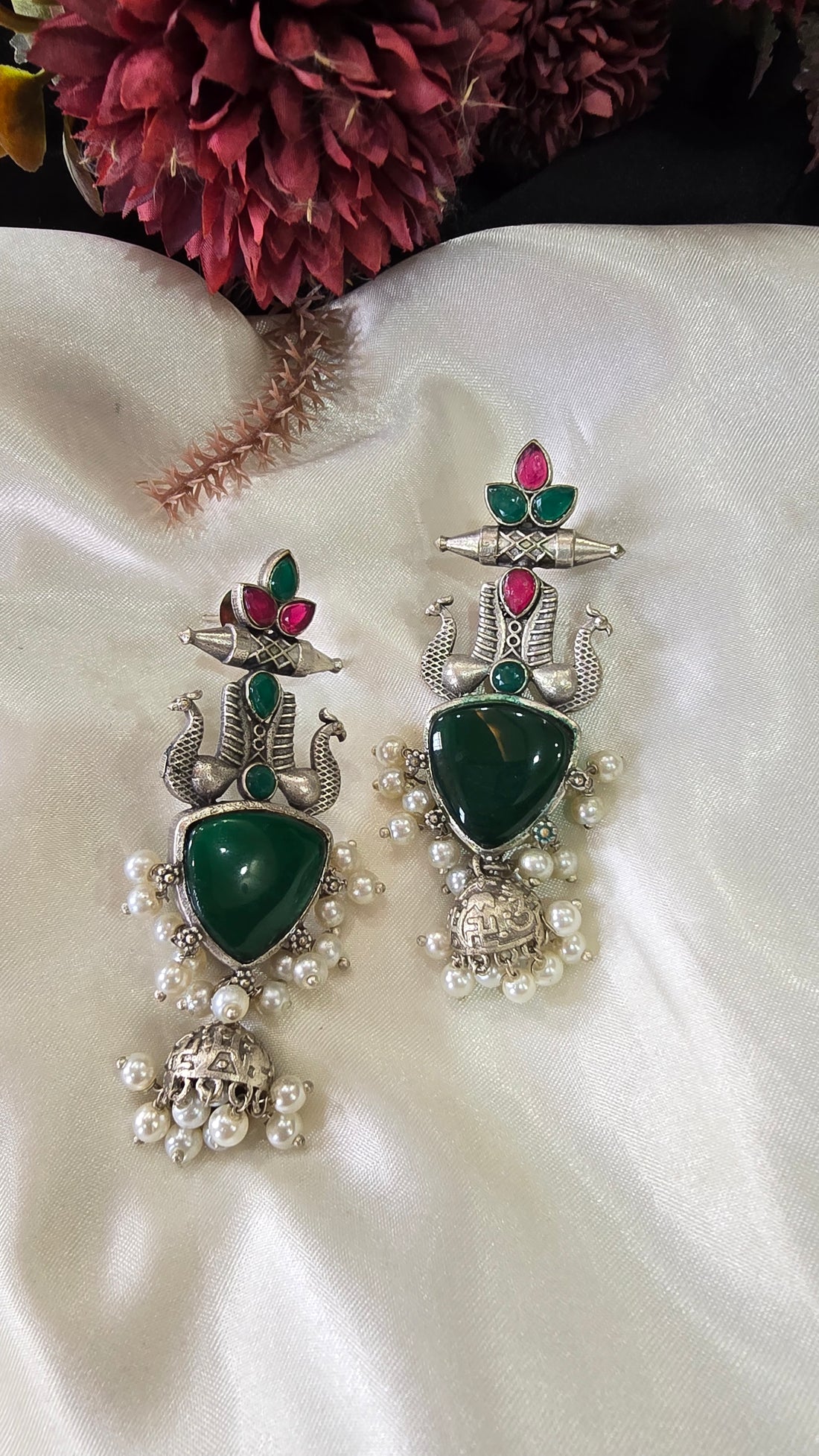 Oxidized Silver Trishul Danglers with Emerald Green Stones and Pearls