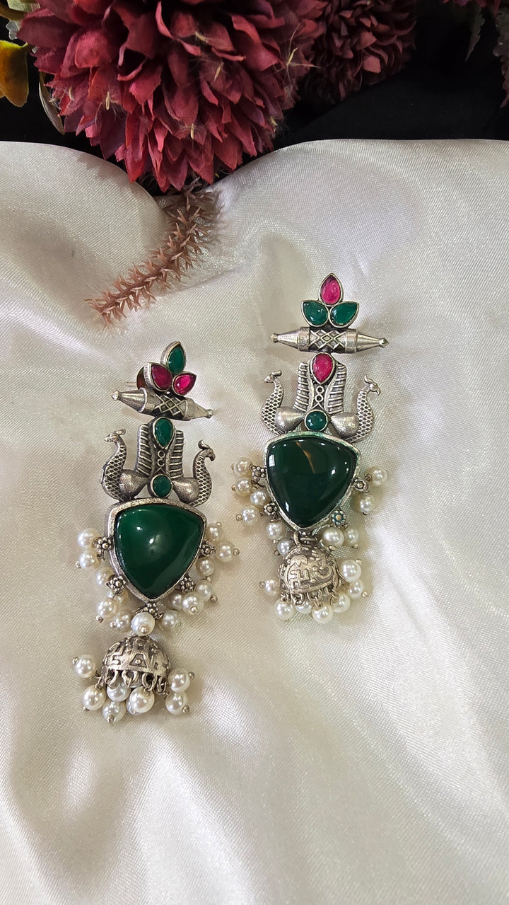 Oxidized Silver Trishul Danglers with Emerald Green Stones and Pearls