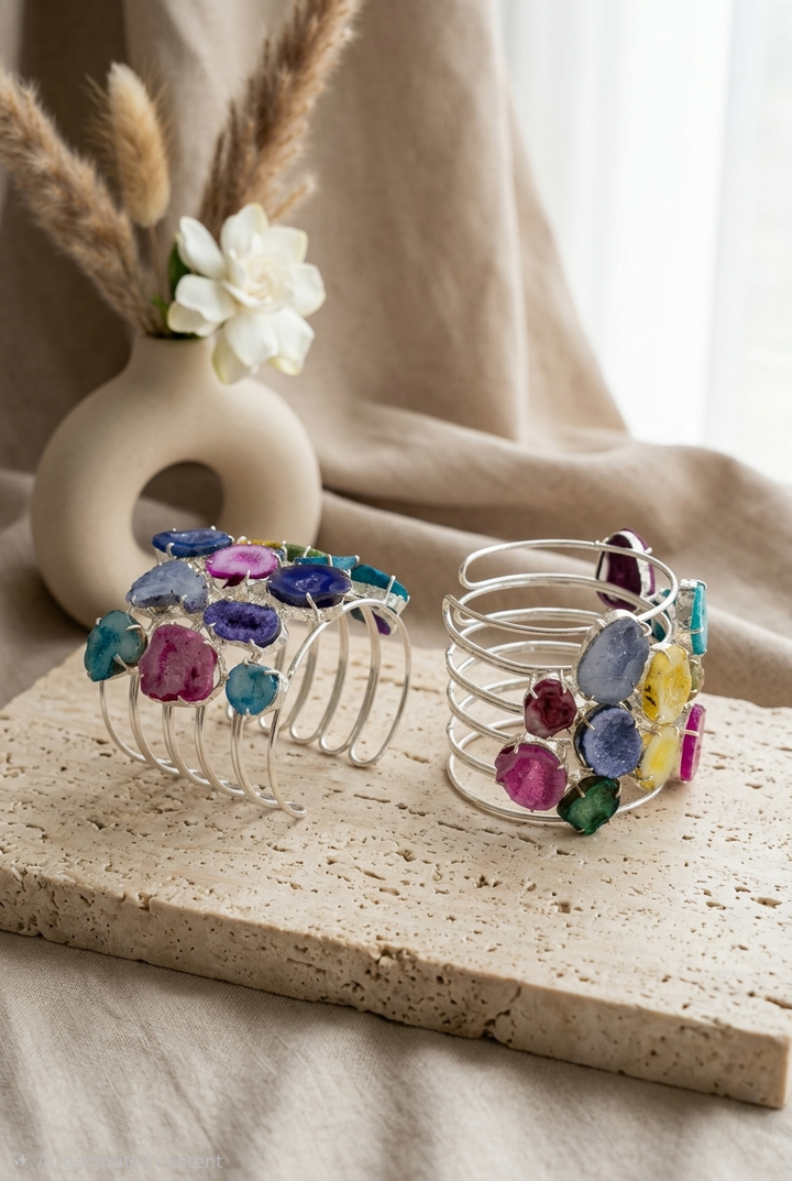 Multicolor Raw Gemstone Multi-Band Silver Cuff Bracelet