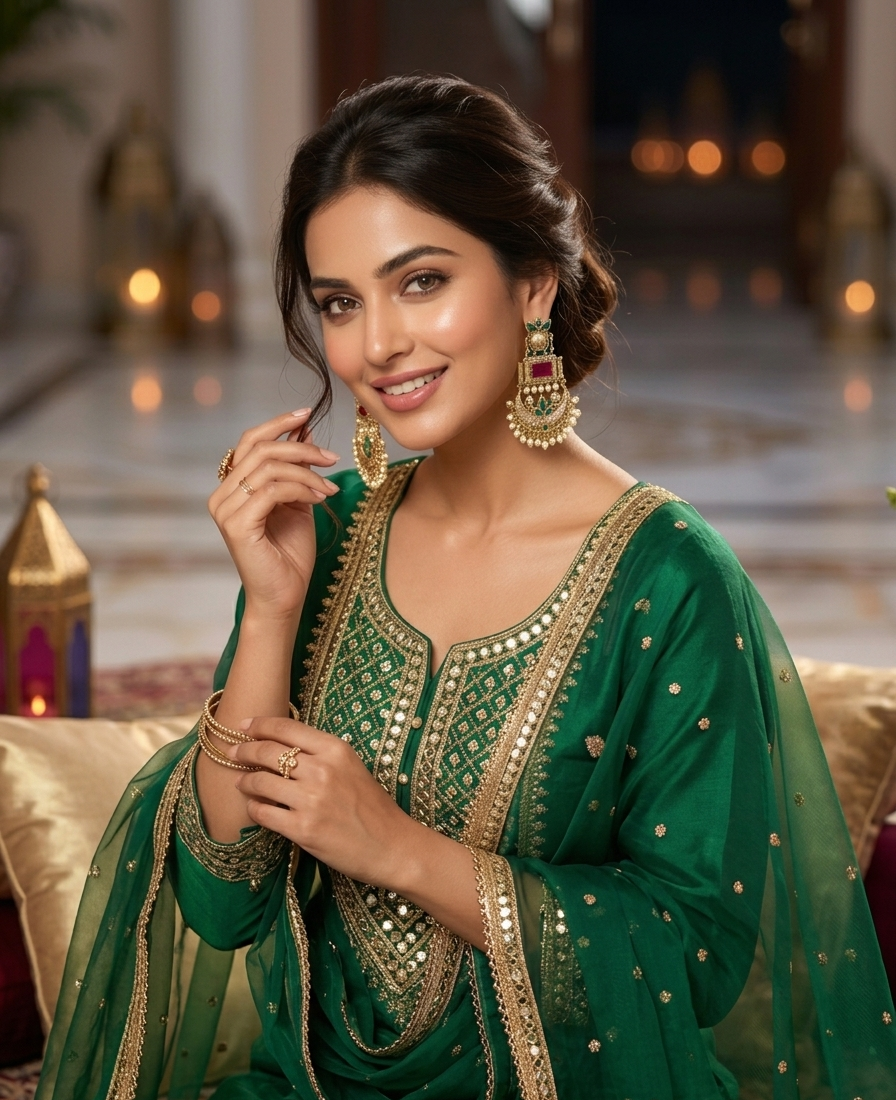 Traditional Gold-Plated Chandbali Earrings with Ruby Red Square Stones and Emerald Green Highlights