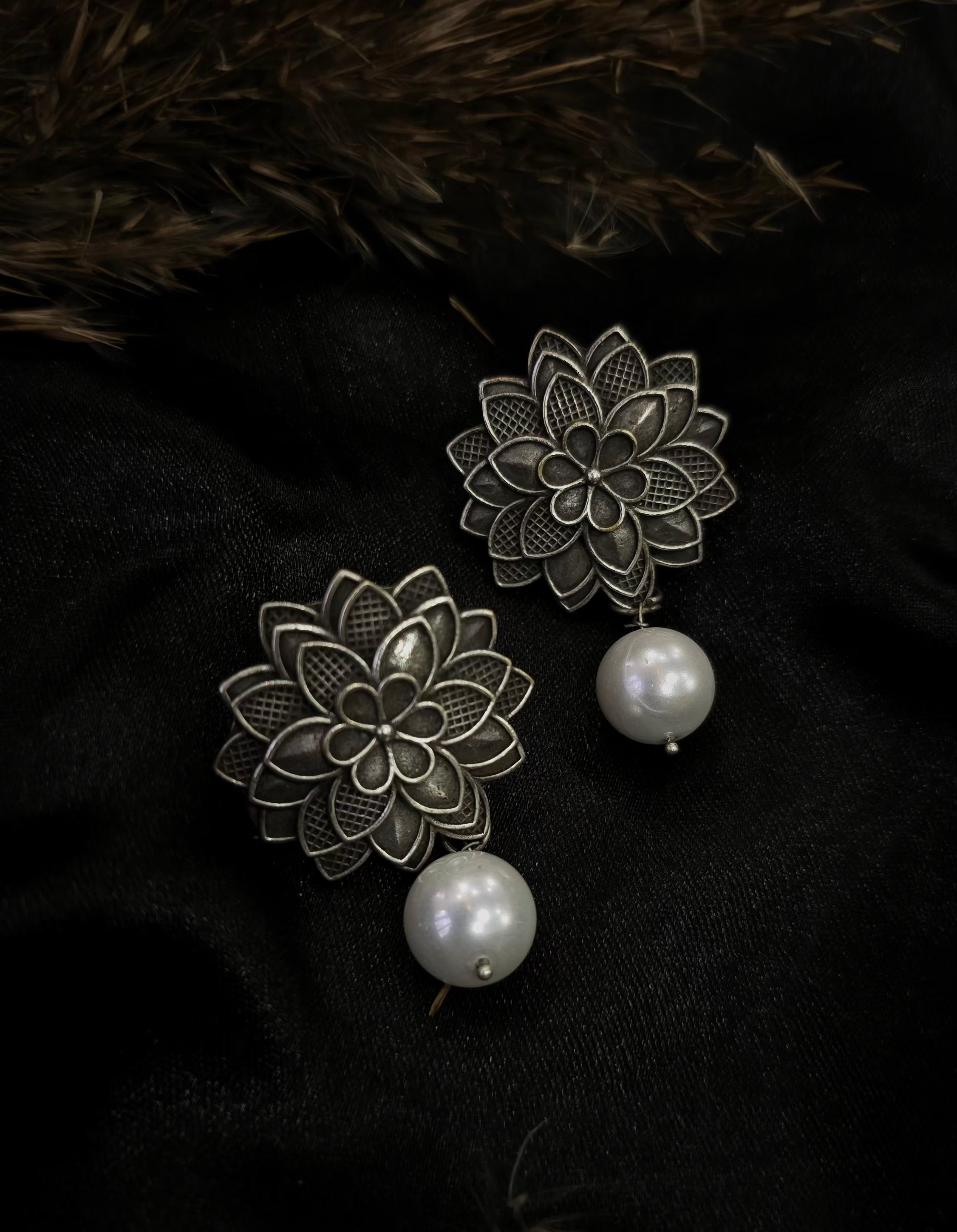 Vintage Oxidized Floral Earrings with Pearl Drops