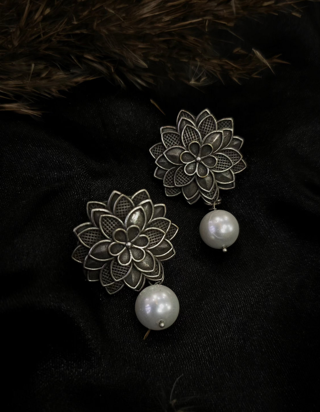 Vintage Oxidized Floral Earrings with Pearl Drops