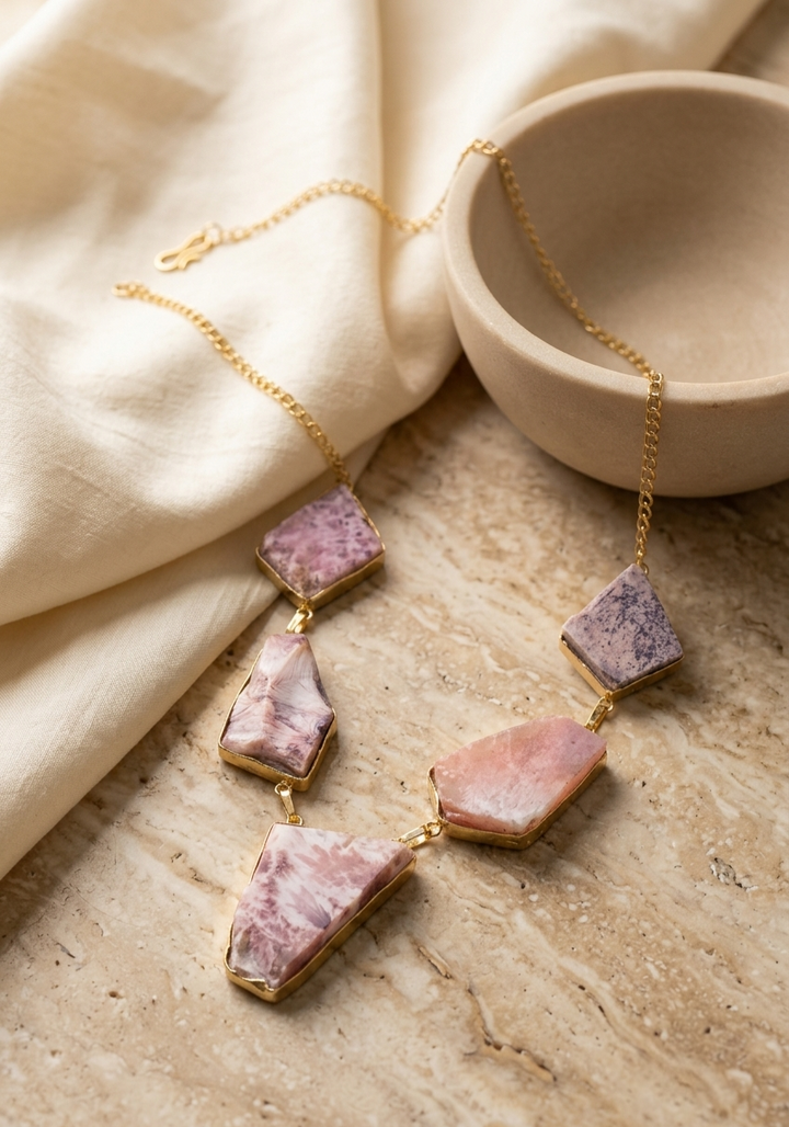 Natural Pink Rhodochrosite Slab Collar Necklace – Gold Dipped Gemstone Jewelry