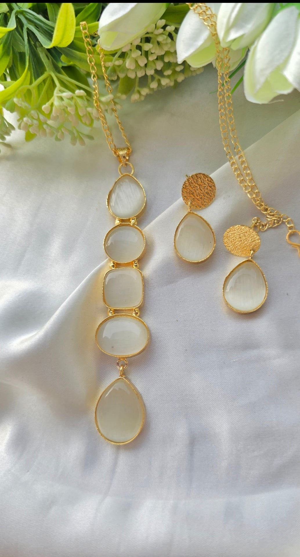 Handcrafted Multi-Shape Stone Pendant Necklace and Earrings Set