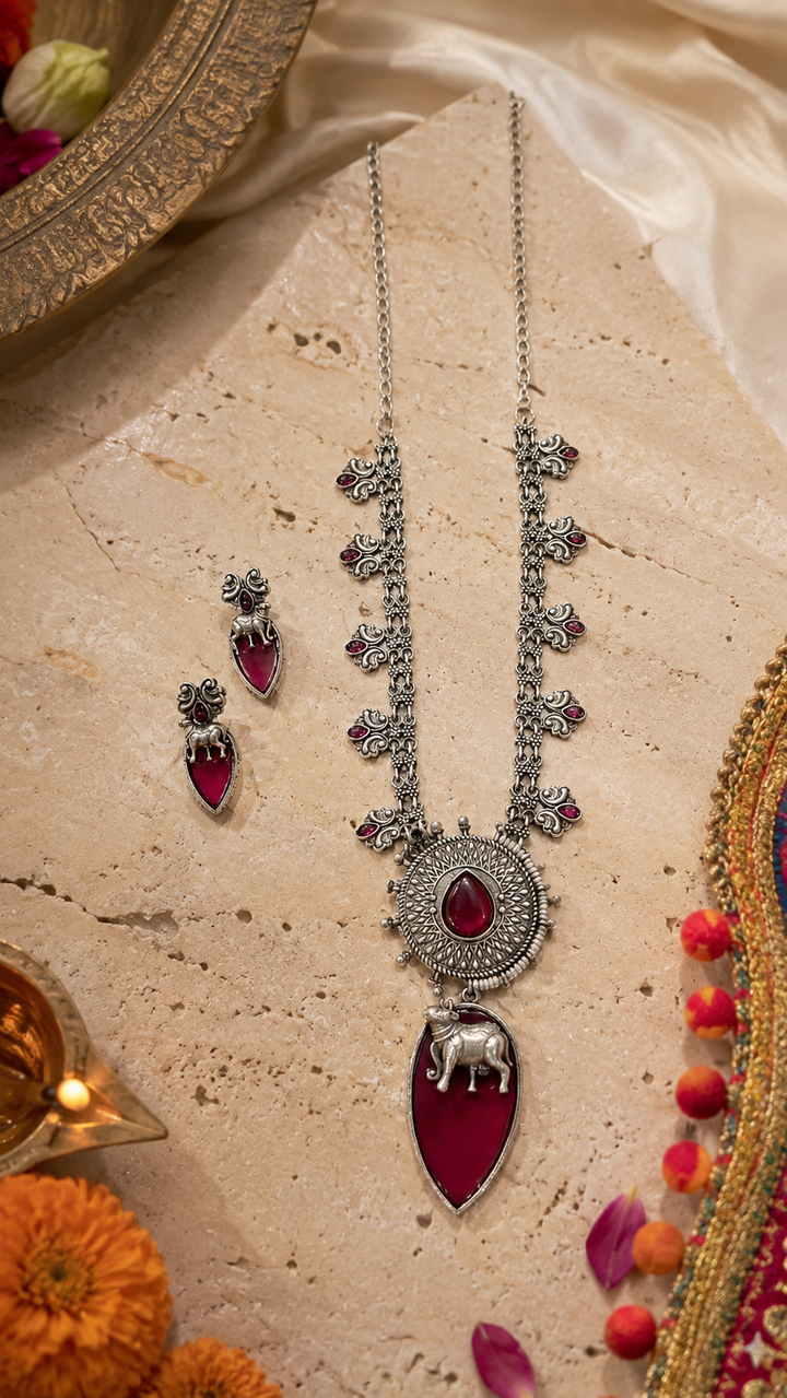 Oxidized Silver Elephant Motif Necklace and Earrings Set
