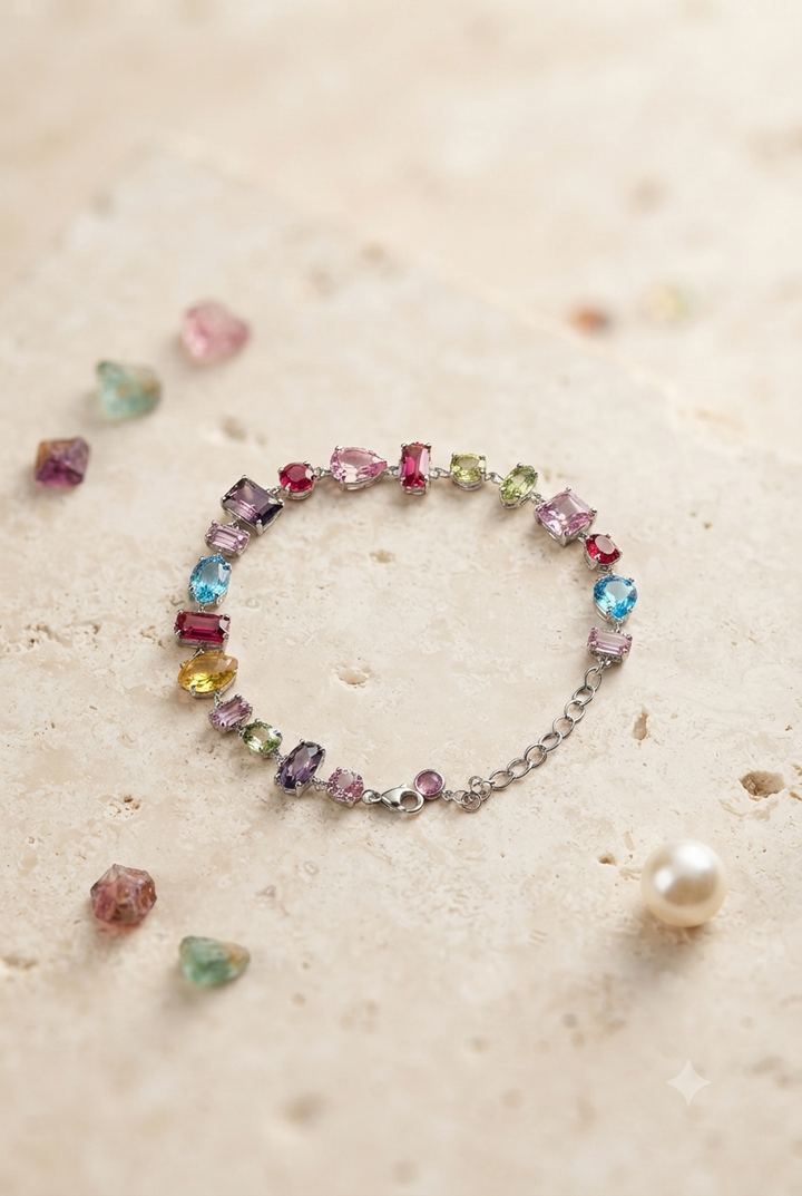 Ethereal Rainbow Multi-Gemstone Silver Tennis Bracelet