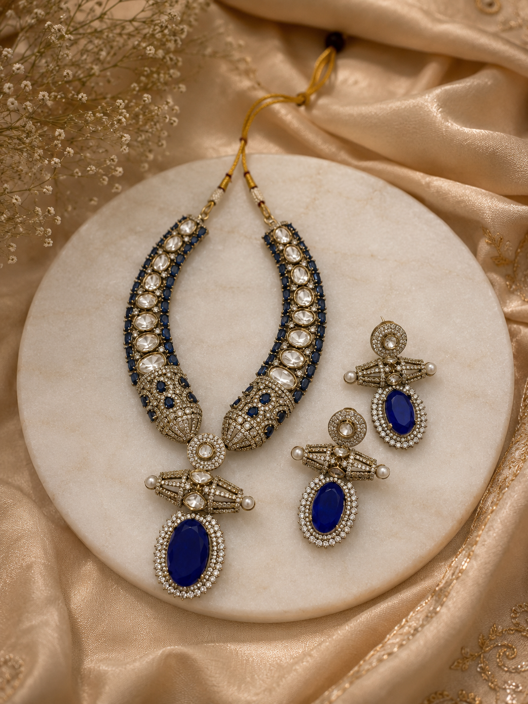 Royal Blue Kundan Choker Necklace and Earring Set with Antique Gold Finish