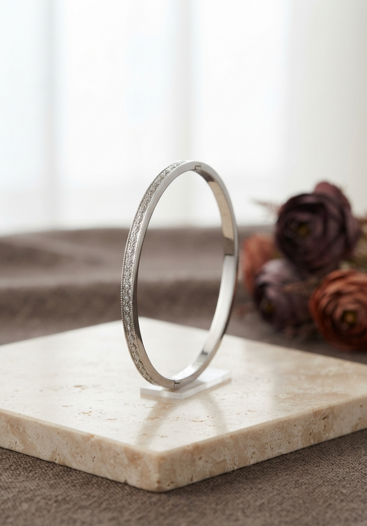 Silver Floral Engraved Hinged Bangle Bracelet