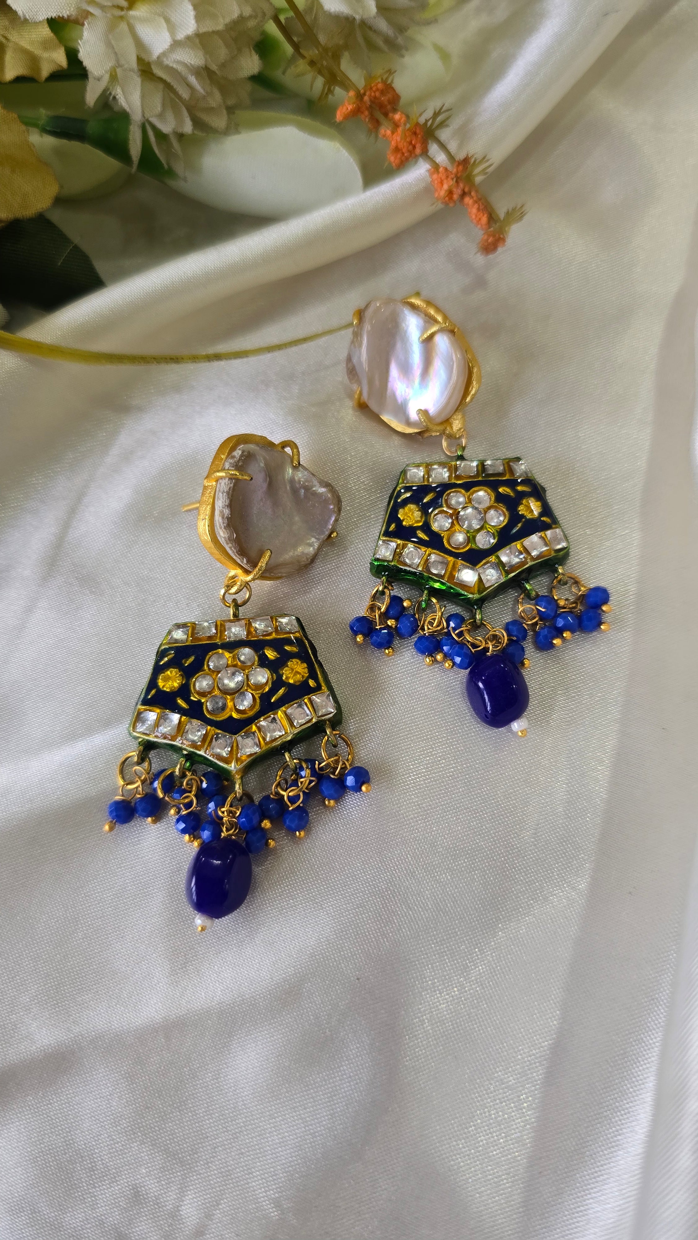 Handcrafted Peach Meenakari Earrings with Baroque Pearls and Kundan